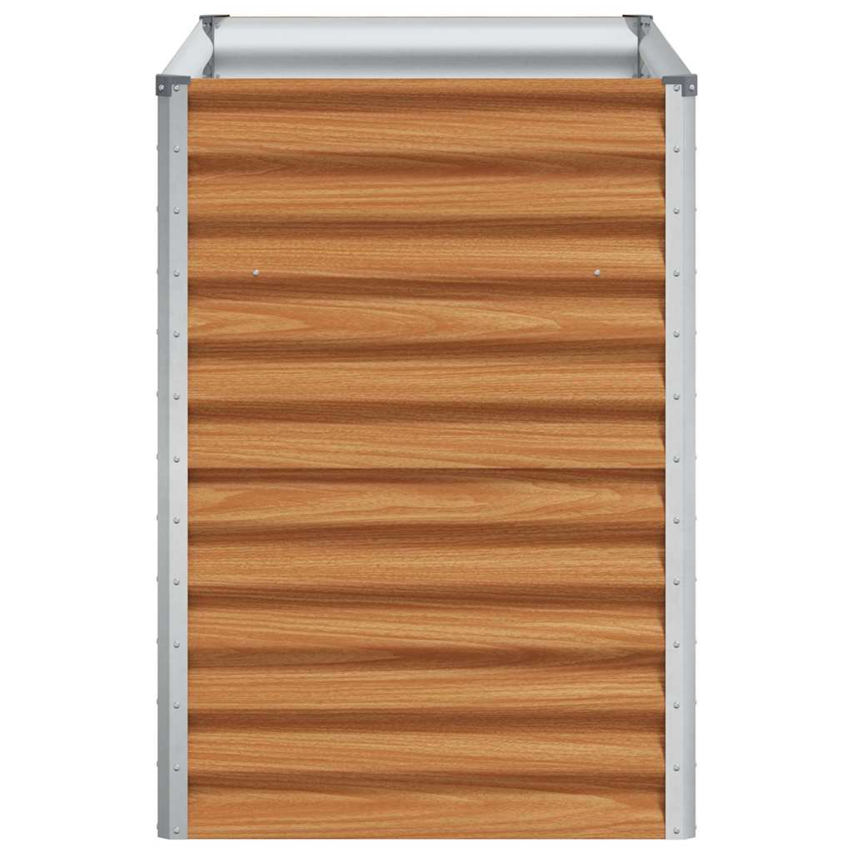 Un inserto rettangolare per aiuola rialzata con venature di legno e bordi metallici argentati.
