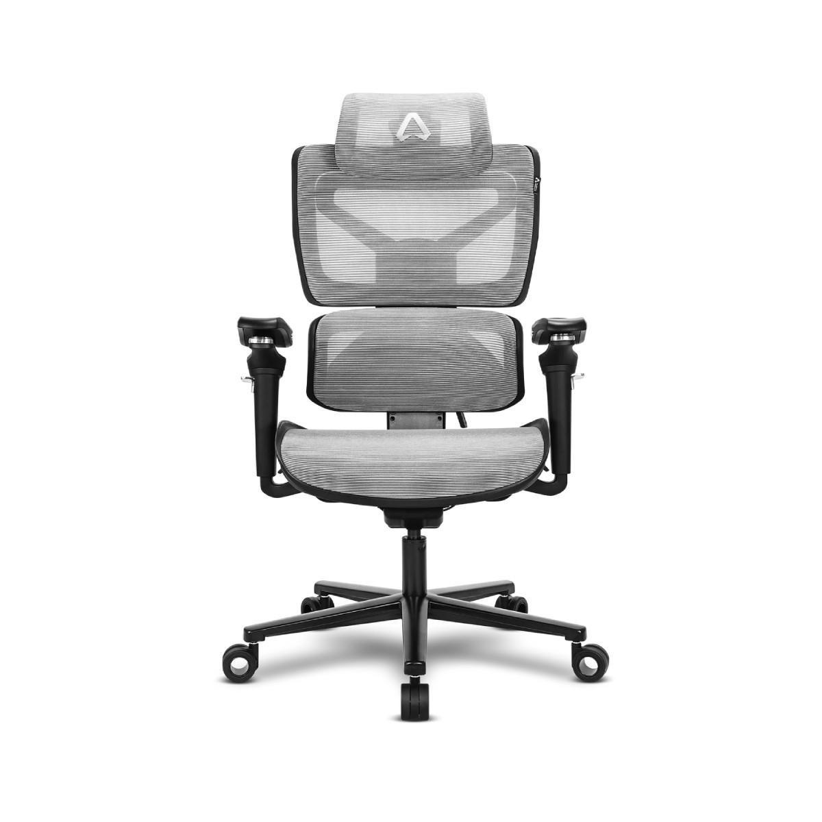 Sedia ergonomica in rete grigia con poggiatesta e braccioli su base nera.