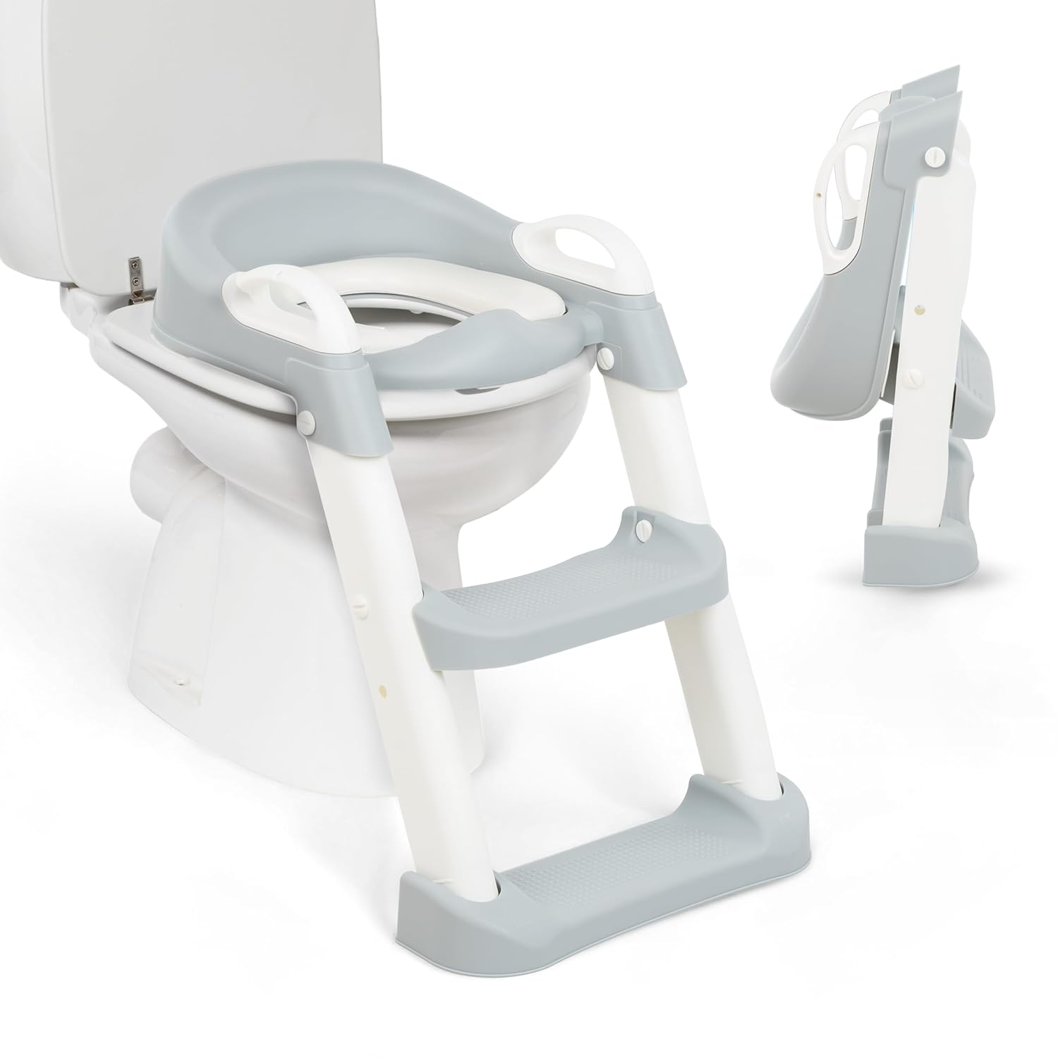 Grauer Toilettensitz-Trainer mit Stufen und Griffen, auf einer Toilette montiert.