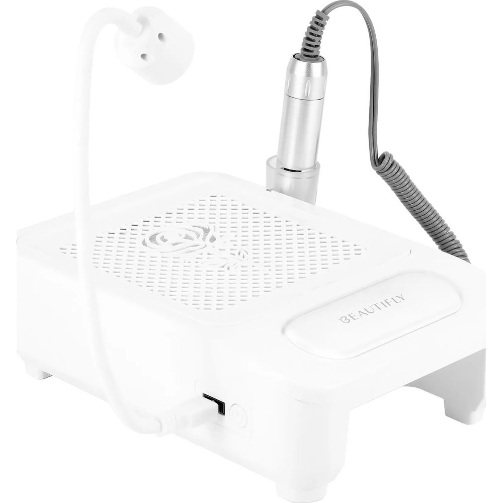Un dispositivo de uñas blanco con lámpara, fresa y ventilador.