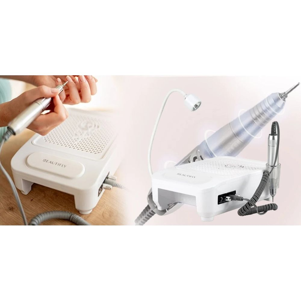 Máquina blanca para uñas con colector de polvo y lámpara. Un lado muestra uso en uñas.