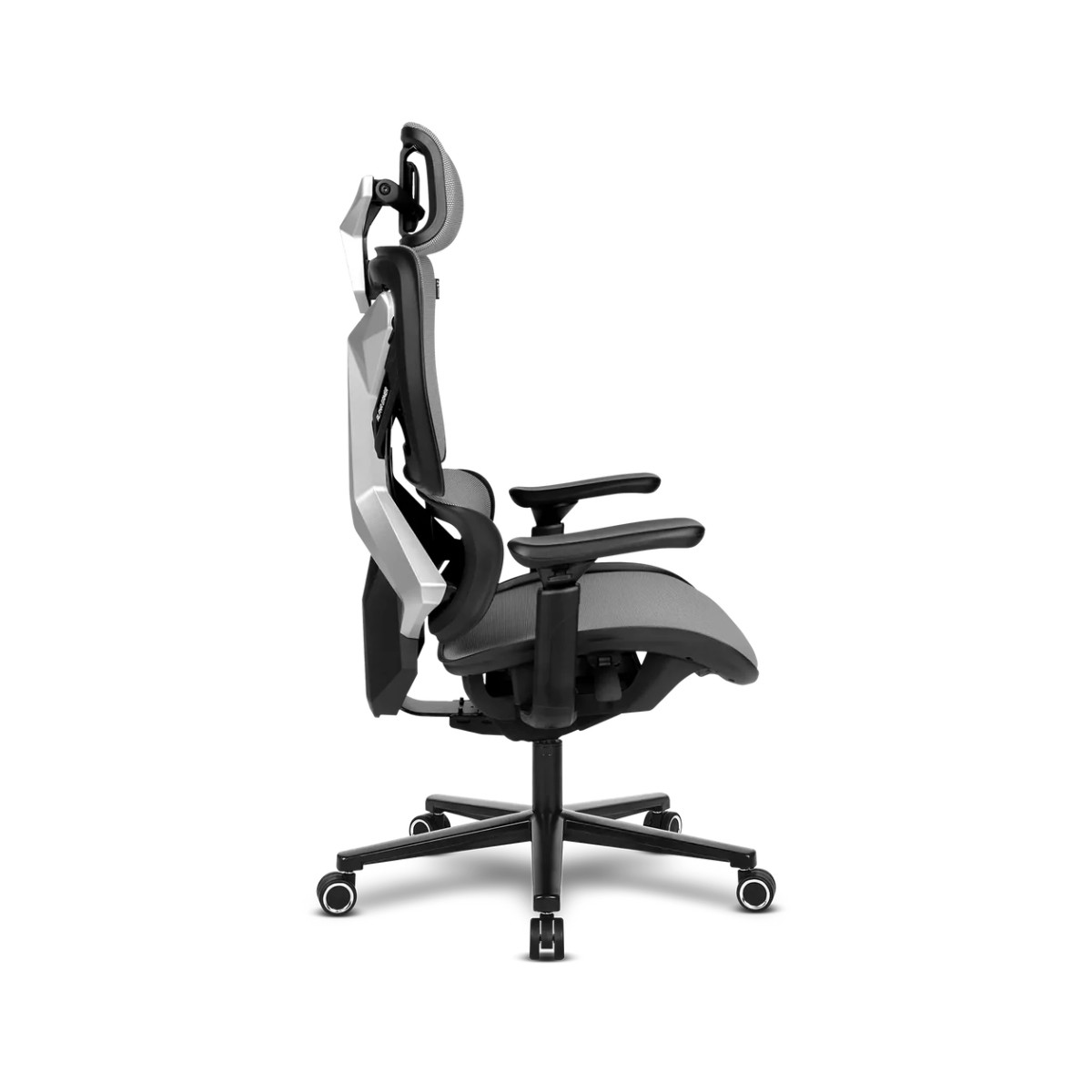 Sedia da ufficio ergonomica nera con poggiatesta e braccioli.