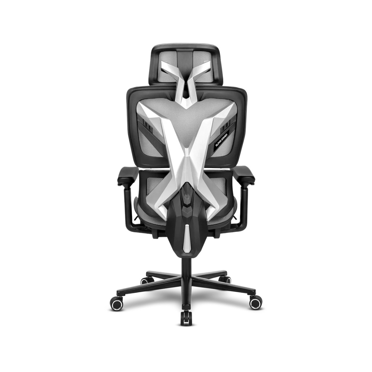 Sedia ergonomica da gaming nera e grigia con schienale in rete e poggiatesta regolabile.