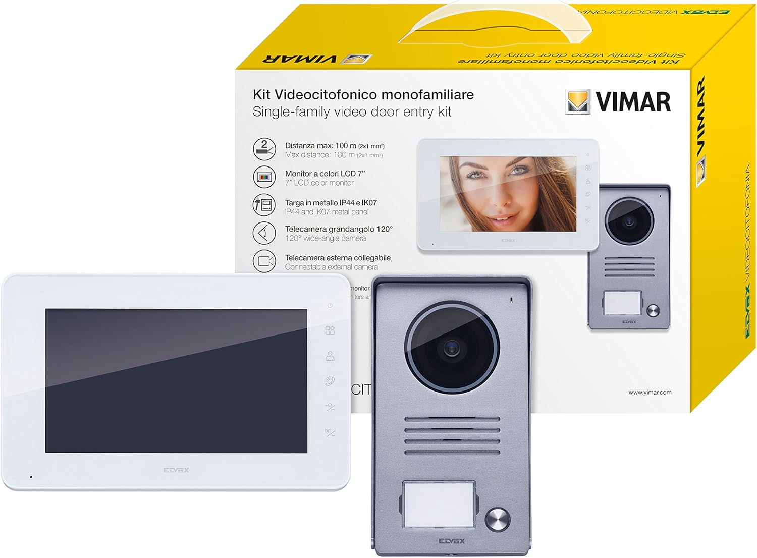 Vista frontale di un kit videocitofonico Vimar, con monitor e unità esterna.