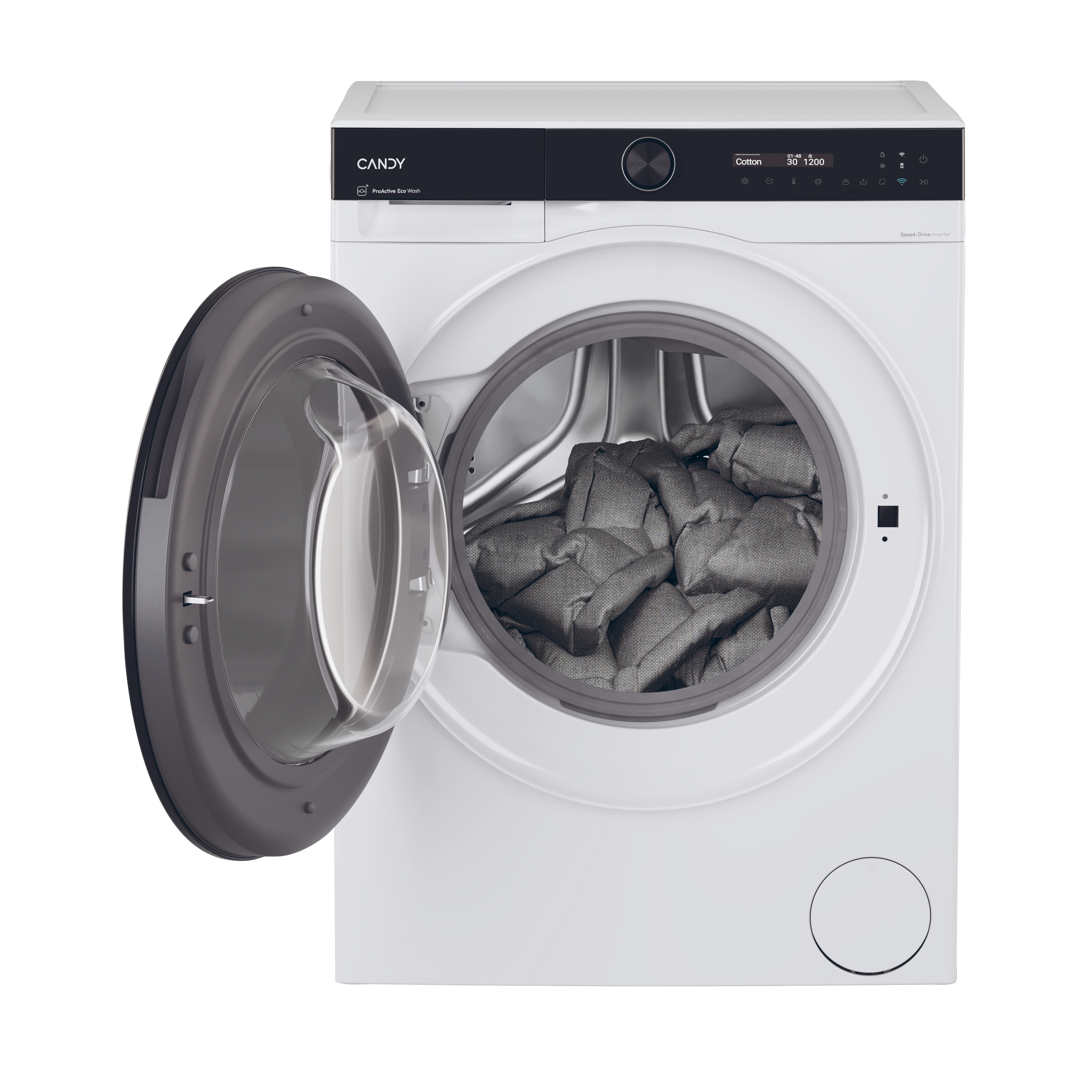 Lavatrice bianca con porta aperta, piena di bucato grigio.