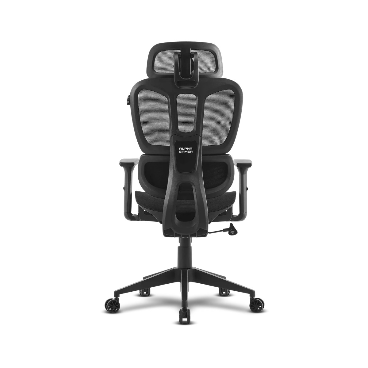 Sedia da ufficio ergonomica nera con schienale in rete, poggiatesta e ruote.