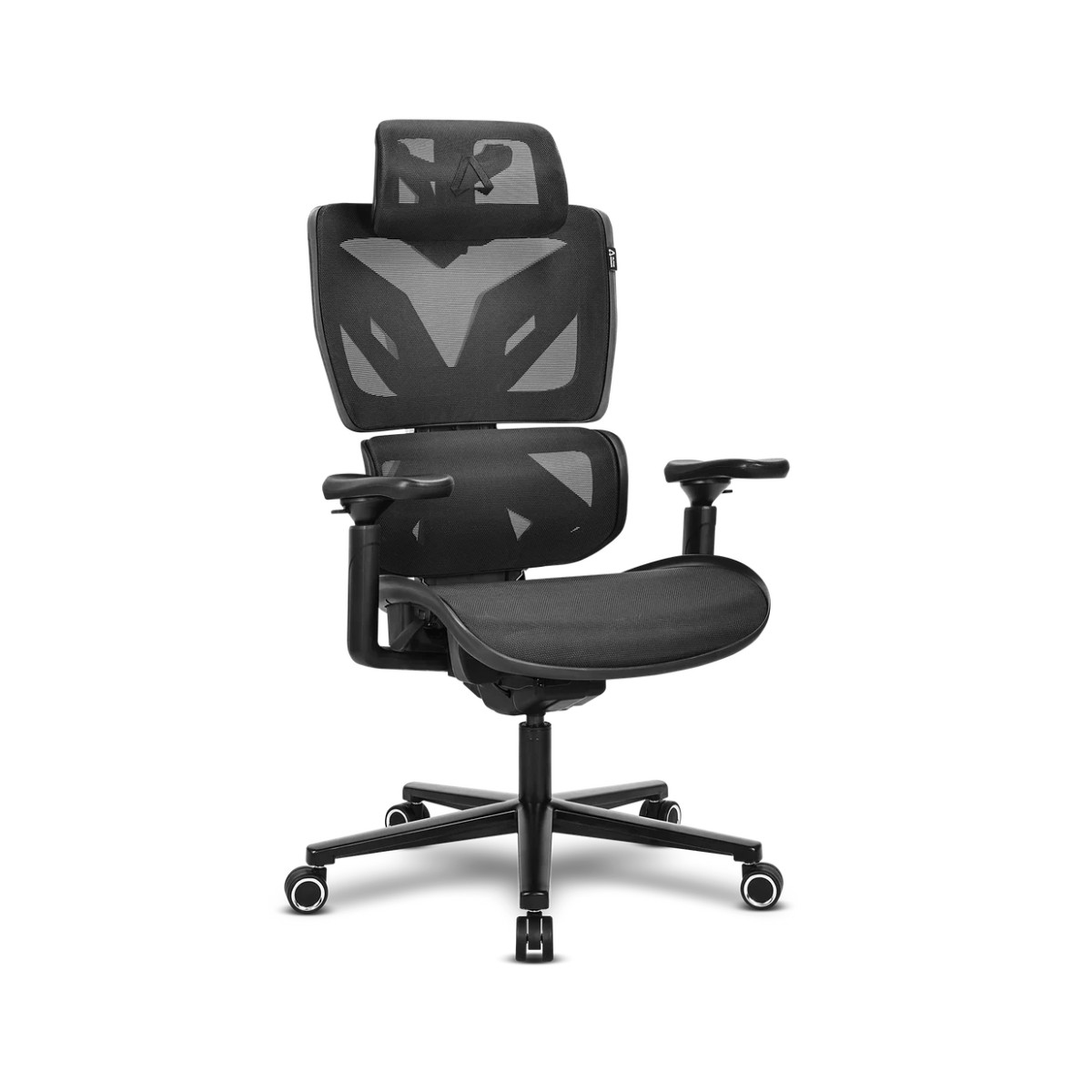 Una sedia da ufficio ergonomica nera con schienale in rete e braccioli regolabili.
