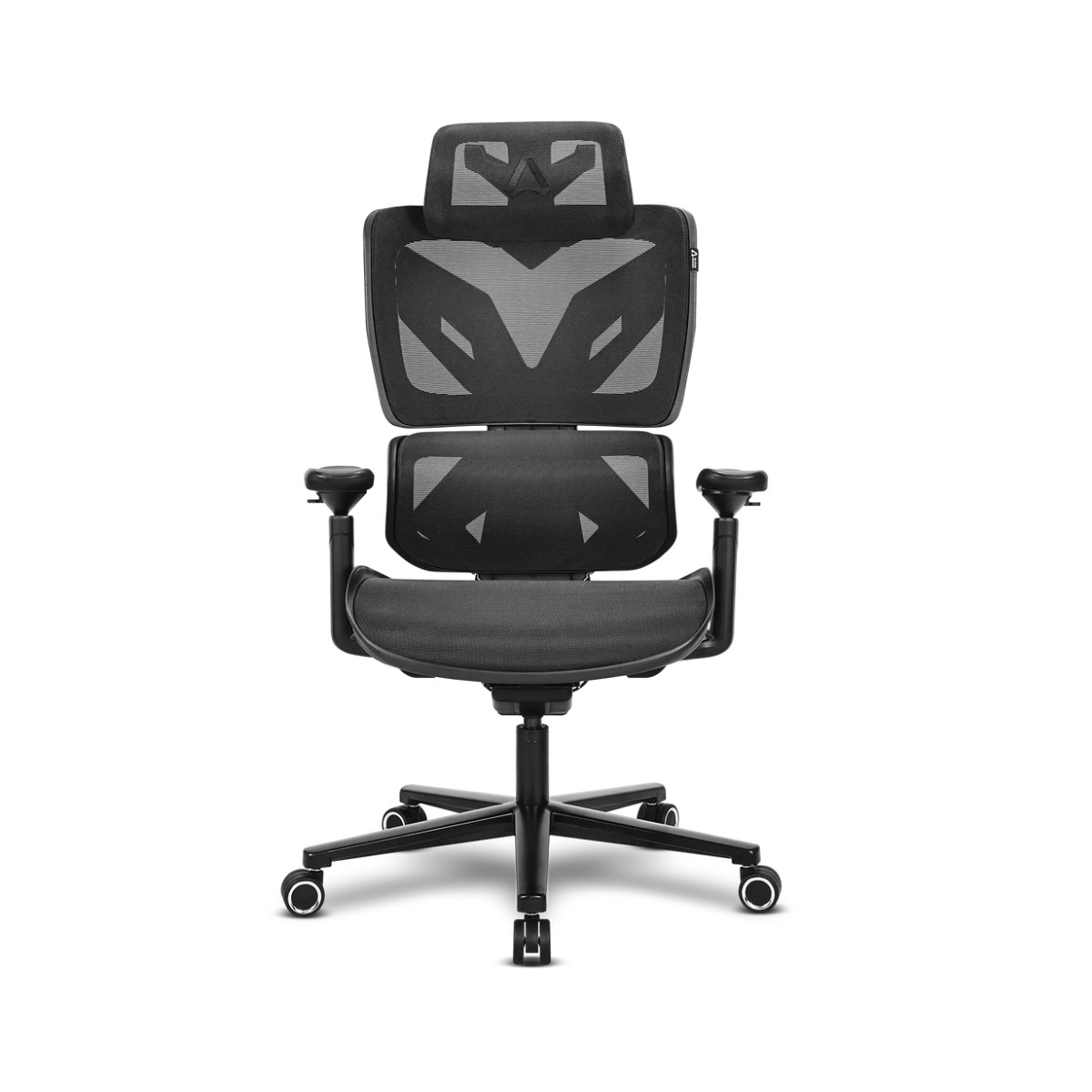 Sedia da ufficio ergonomica nera con schienale in rete e poggiatesta.
