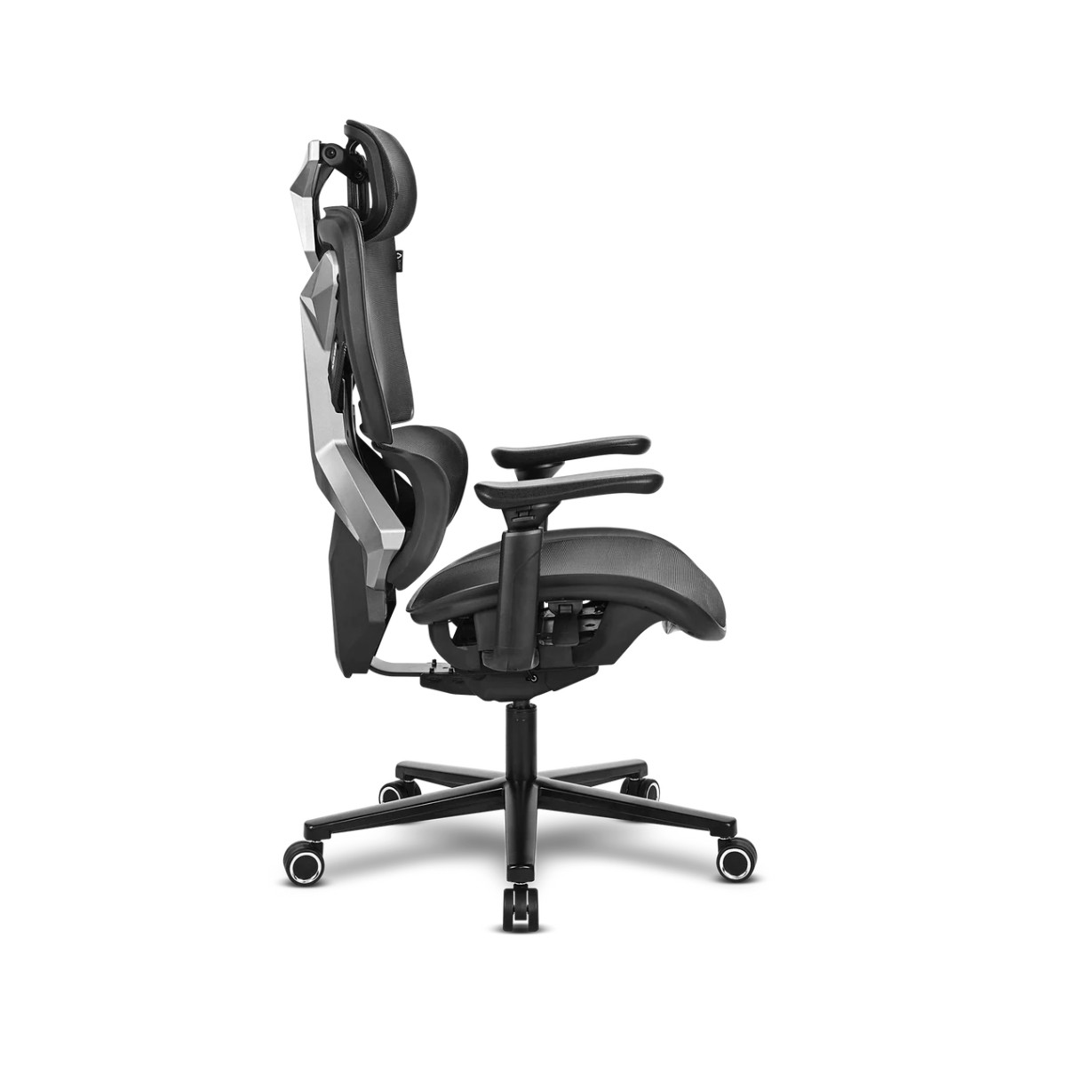 Sedia da ufficio ergonomica nera con schienale in rete e braccioli regolabili.