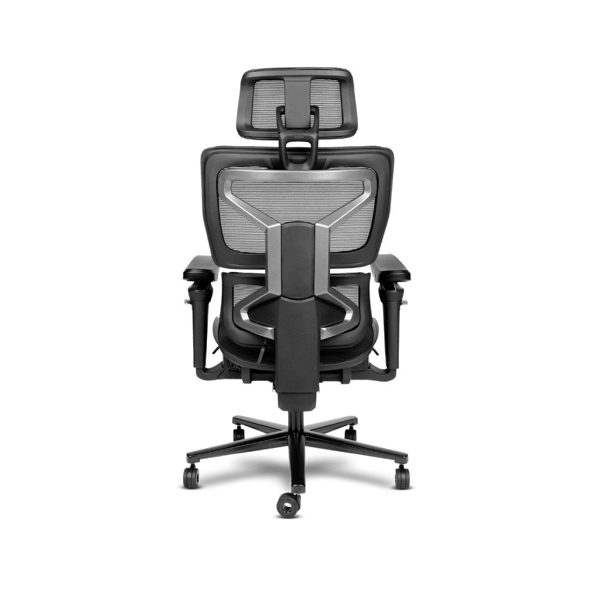 Vista posteriore di una sedia da ufficio ergonomica nera con poggiatesta.