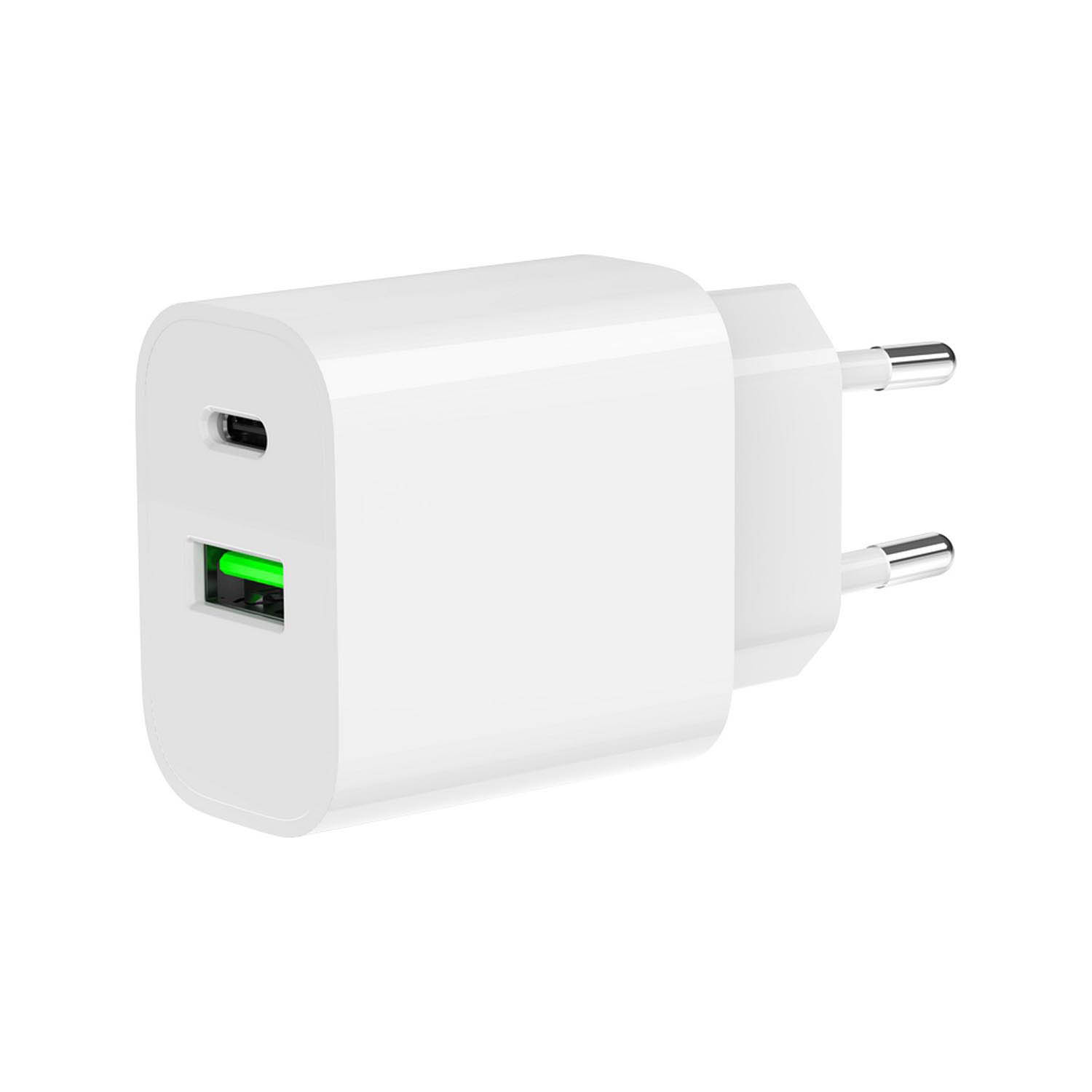 White USB-C and USB-A charger with green indicator light.