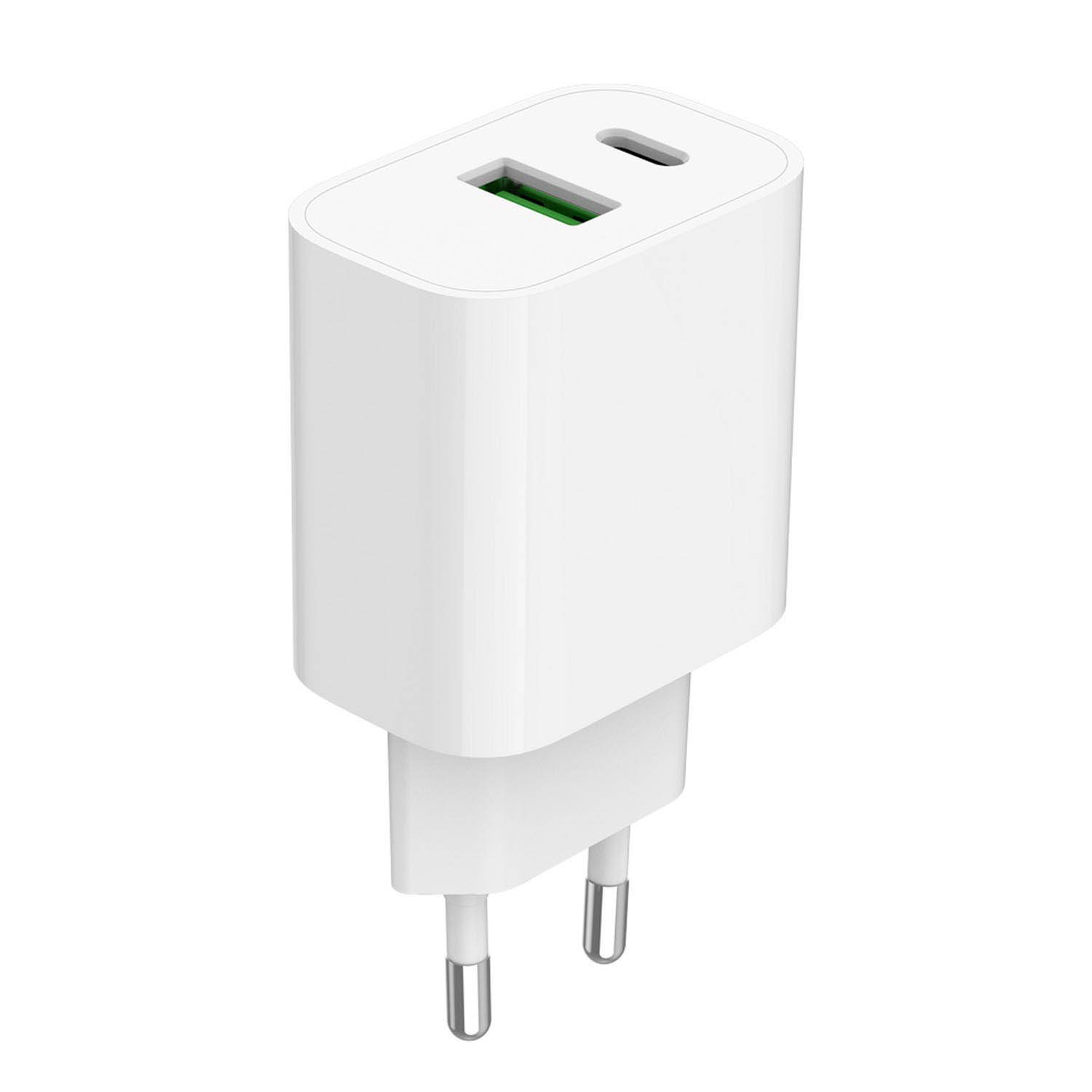 White charging adapter with USB-C port and two prongs.