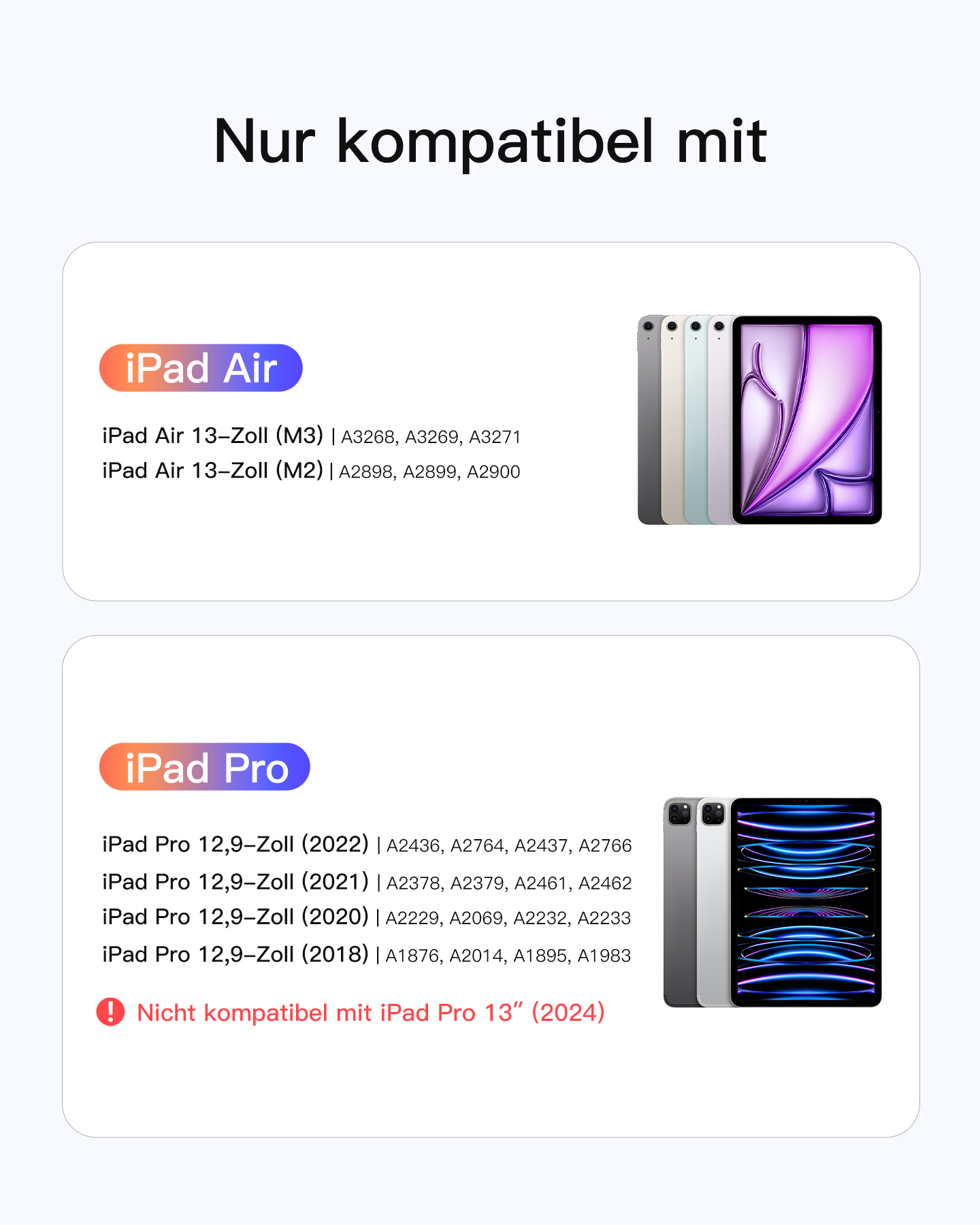 Kompatible iPad Air und Pro Modelle mit Modellnummern.