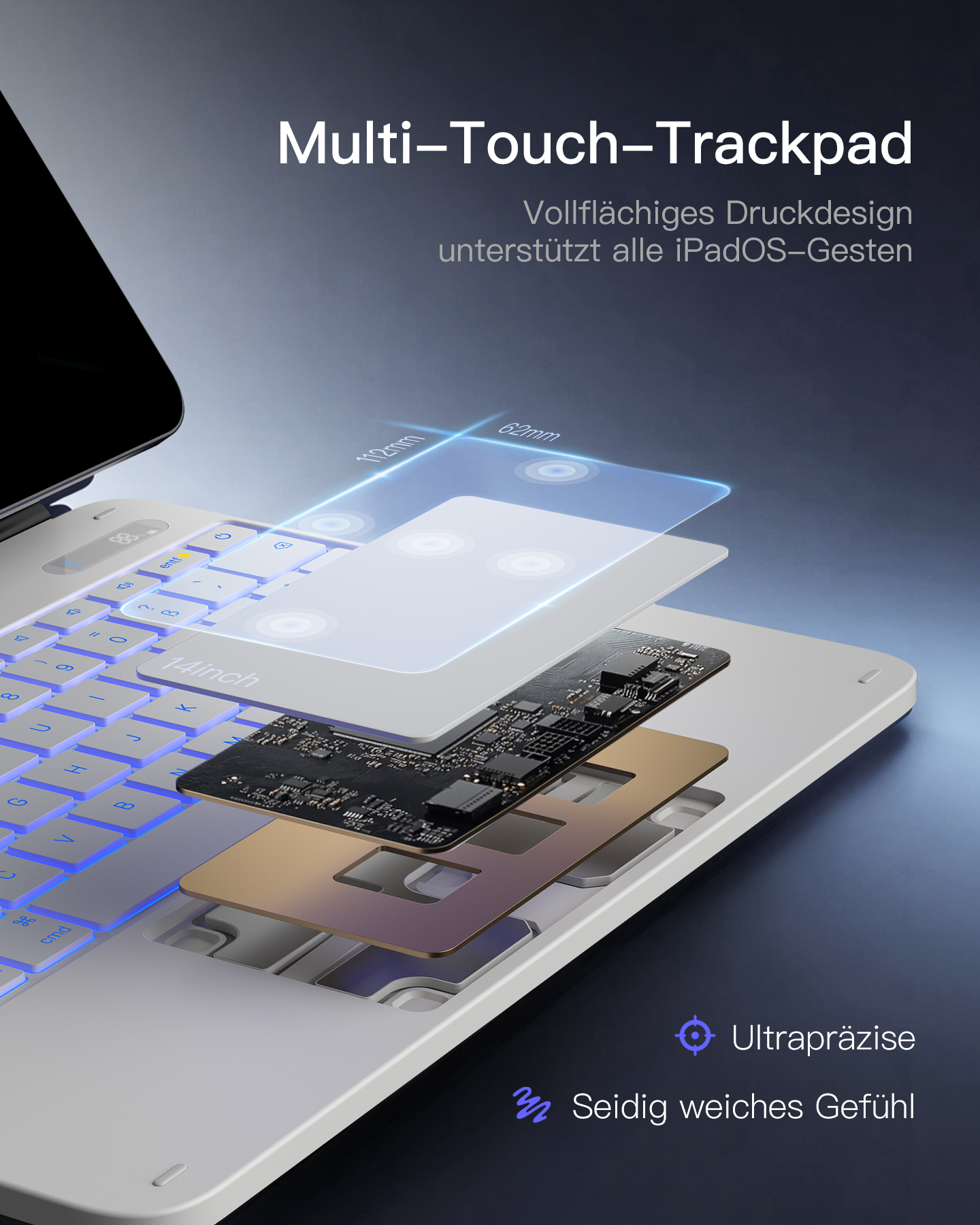 Explosionszeichnung eines Laptops mit beleuchteter Tastatur und Trackpad.