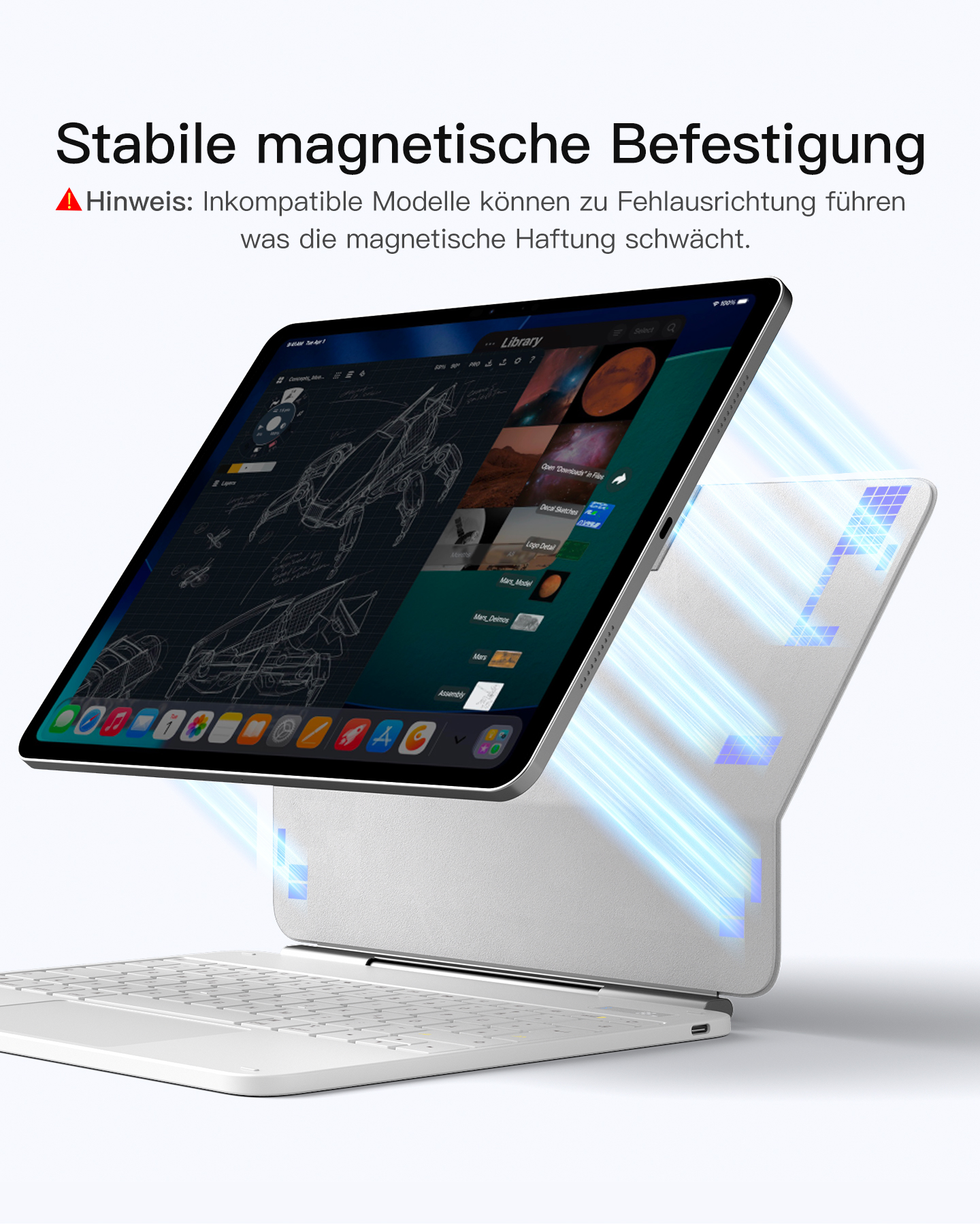 Ein Tablet mit weißer Tastatur, verbunden durch Magnetismus. Blaue Lichtstrahlen.