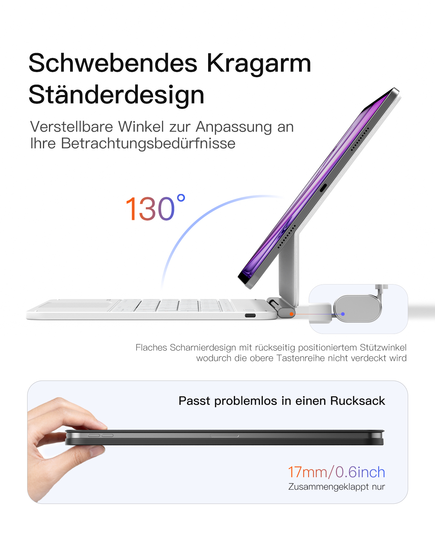 Tablet mit Tastatur im 130° Winkel auf einem Ständer, daneben ein Rucksack.
