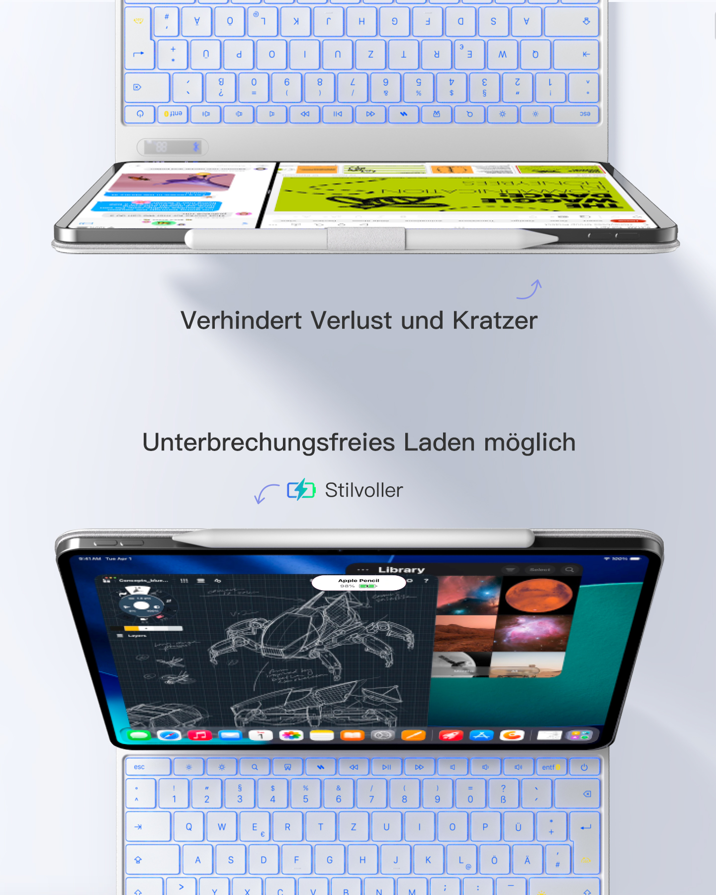 Ein Tablet mit Tastatur und Stift, das auf einem Schreibtisch liegt.