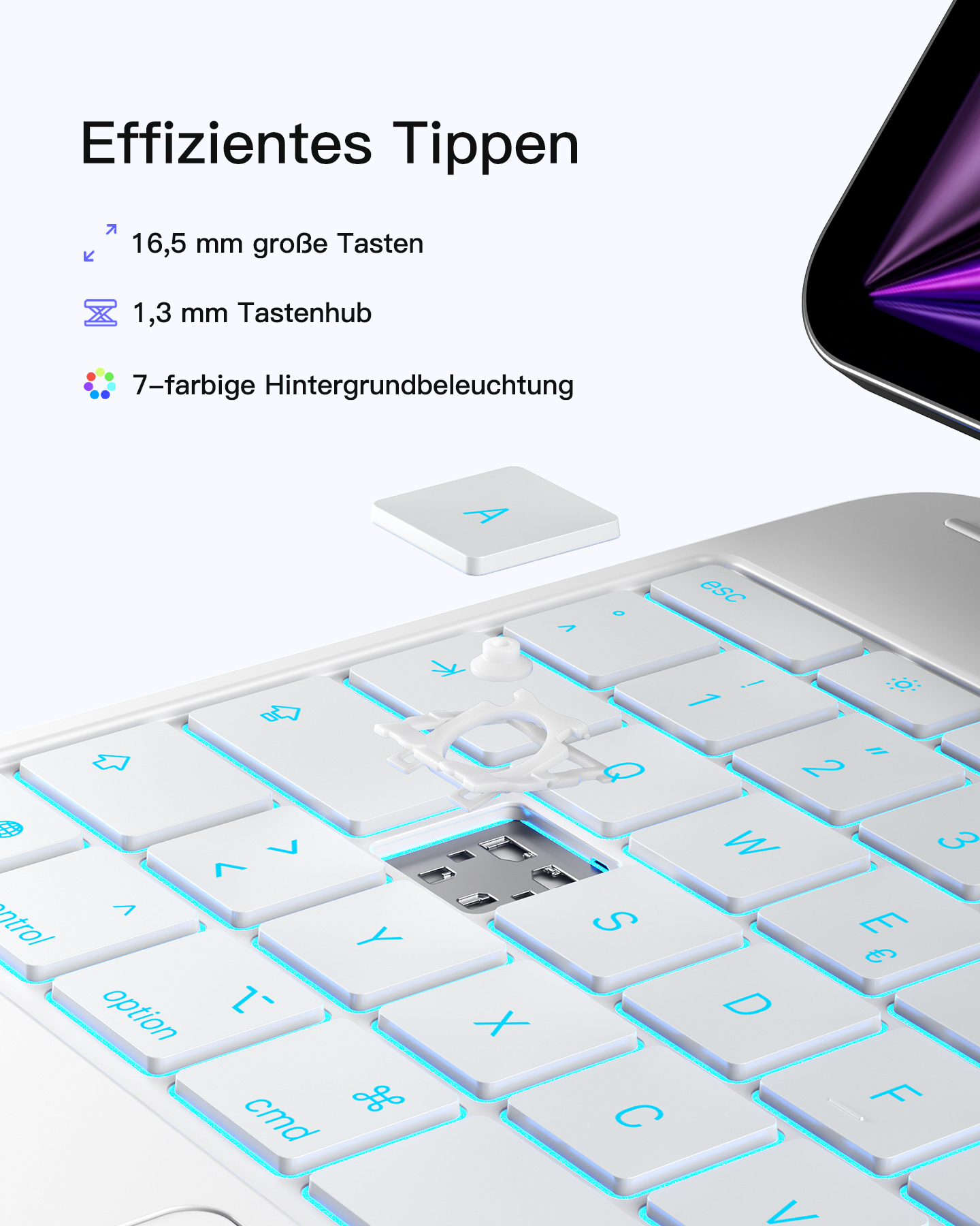 Nahaufnahme einer weißen Tastatur mit blauer Hintergrundbeleuchtung und Text.