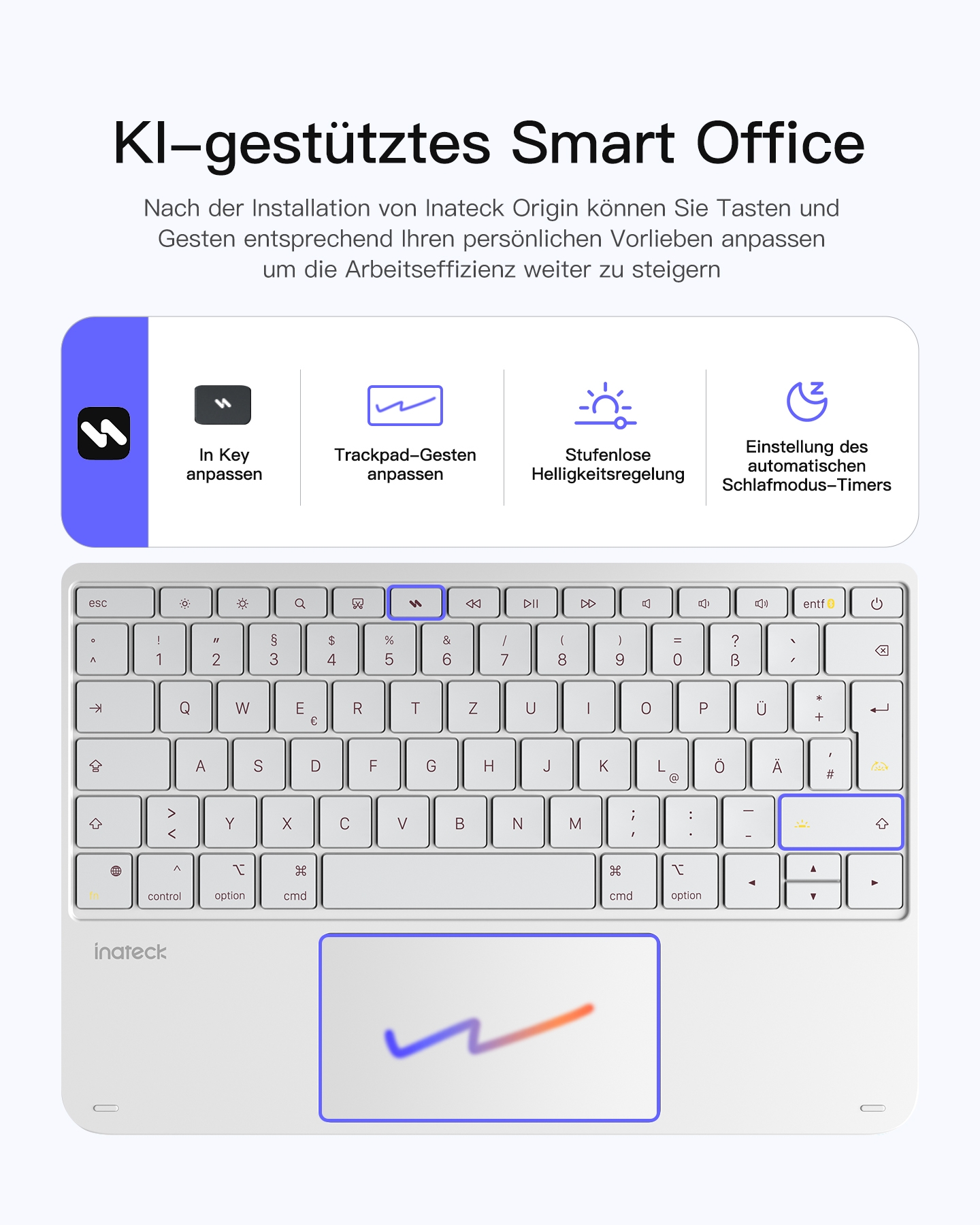 Eine weiße Tastatur mit Touchpad wird gezeigt. Oben sind Icons für Funktionen.