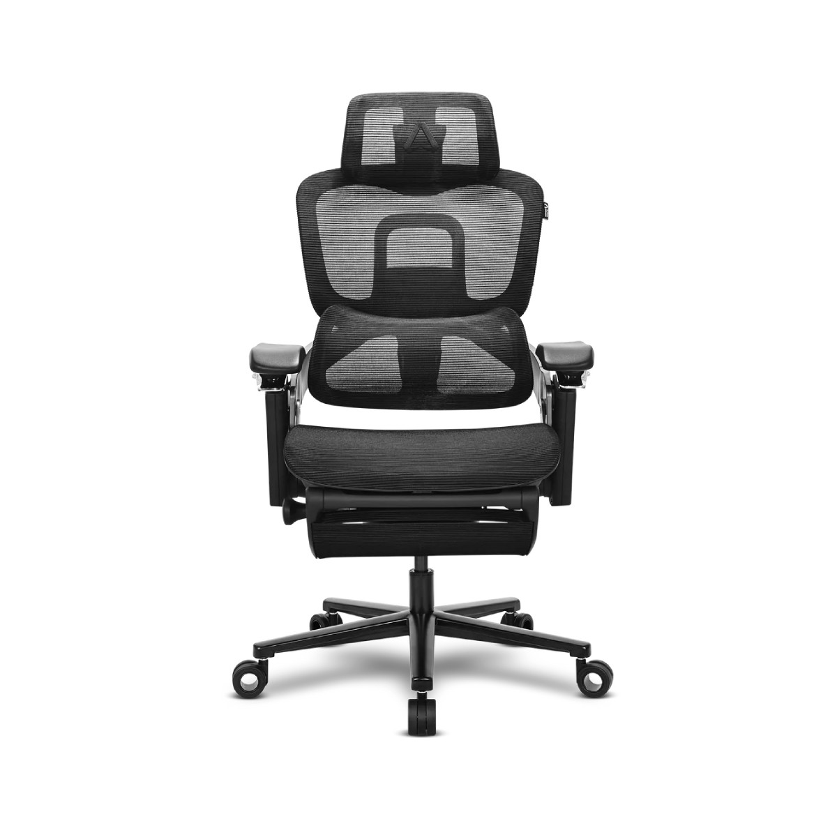 Sedia da ufficio ergonomica nera con schienale in rete e poggiatesta.