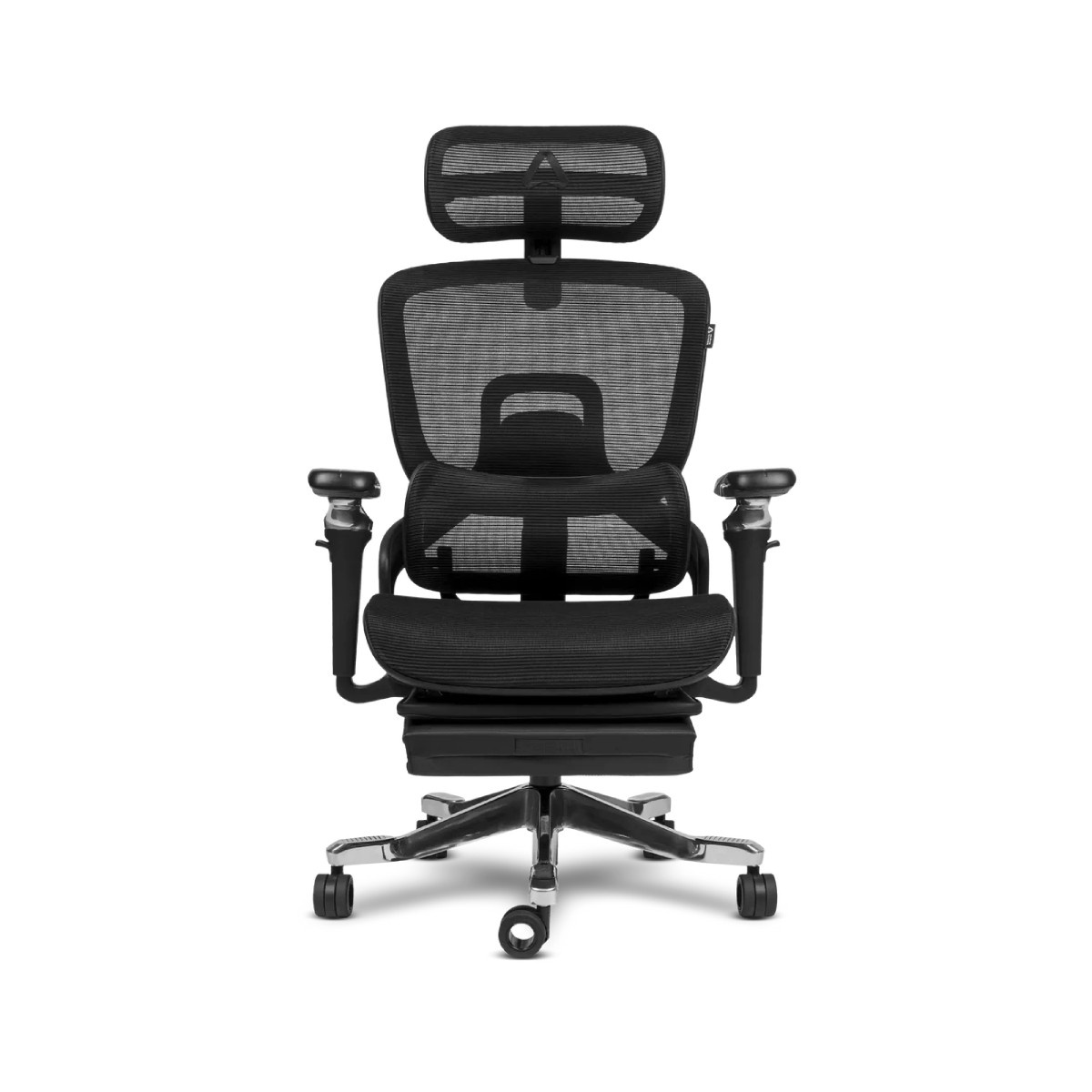 Sedia da ufficio ergonomica nera con schienale in rete, braccioli e poggiatesta.