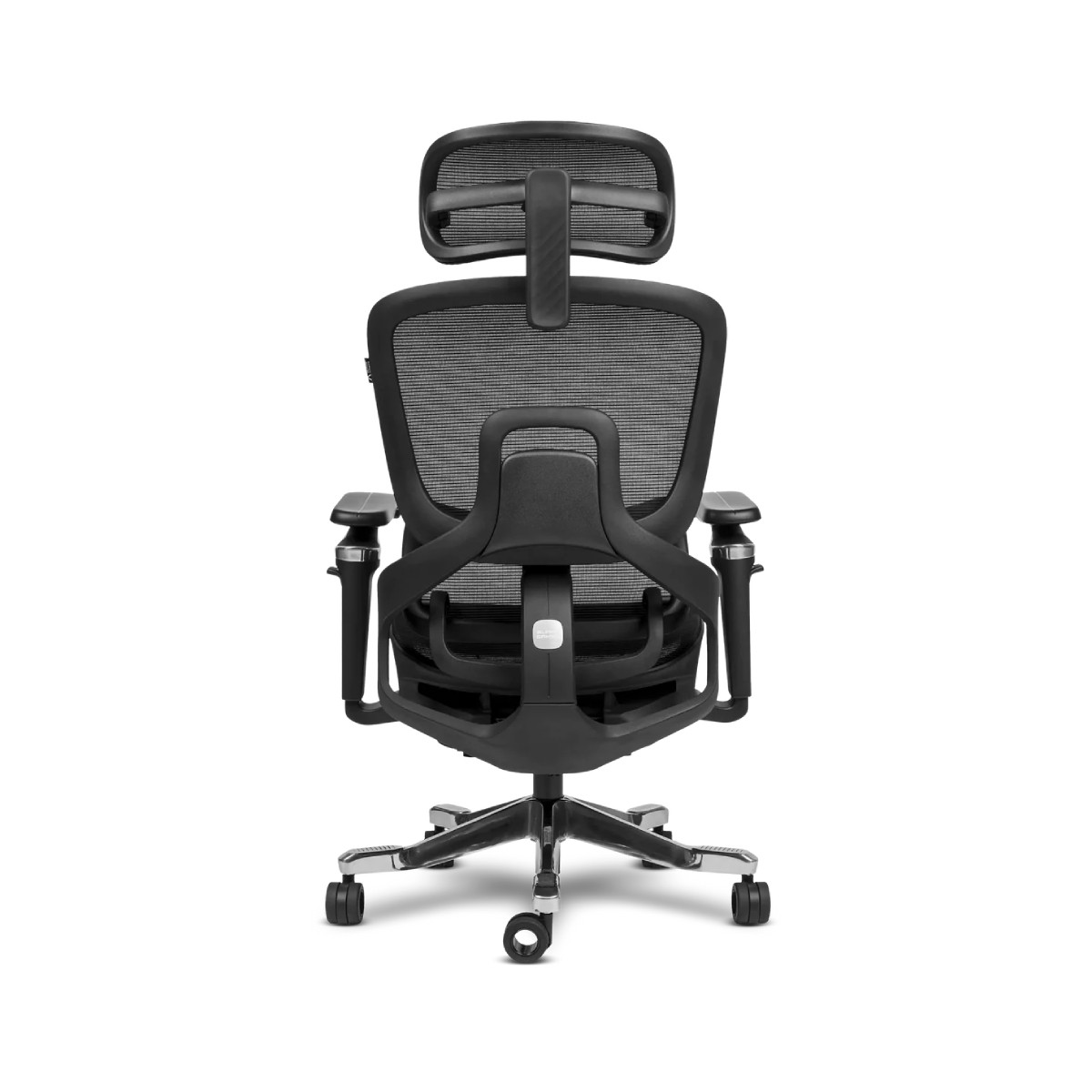 Sedia da ufficio ergonomica nera con schienale in rete e poggiatesta.