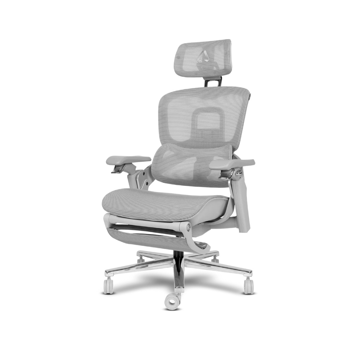 Sedia da ufficio ergonomica grigia con schienale in rete, braccioli regolabili e poggiatesta.