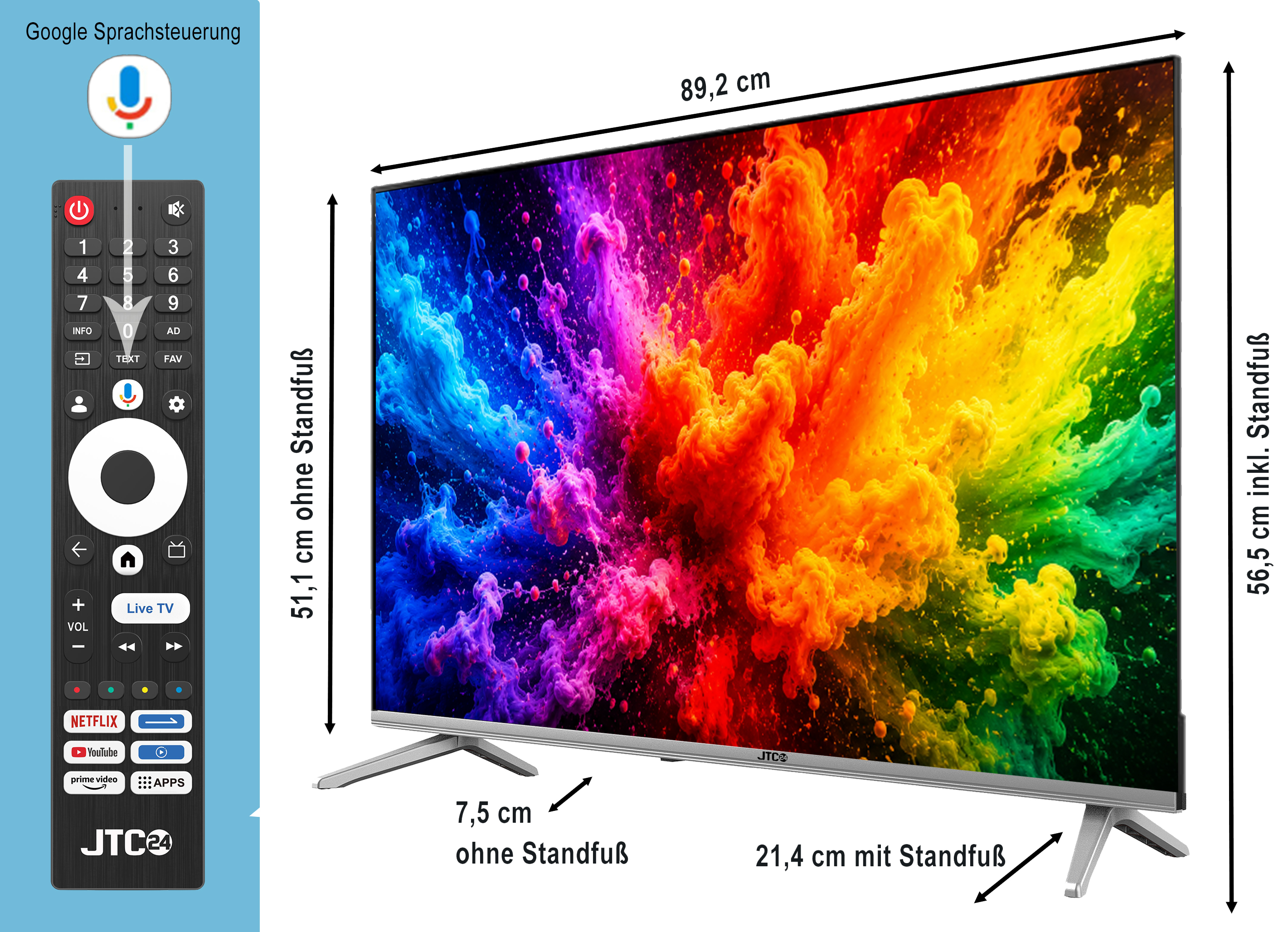 Ein Fernseher mit einem bunten Bild und einer Fernbedienung daneben.