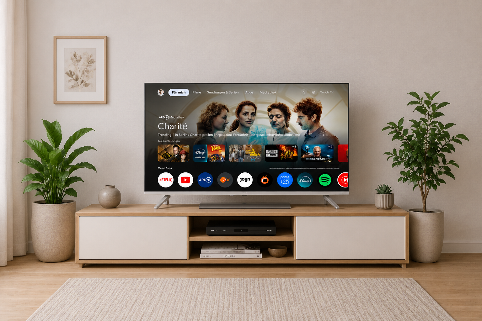 Ein moderner Fernseher zeigt die ARD Mediathek mit der Serie Charité und diverse Apps.