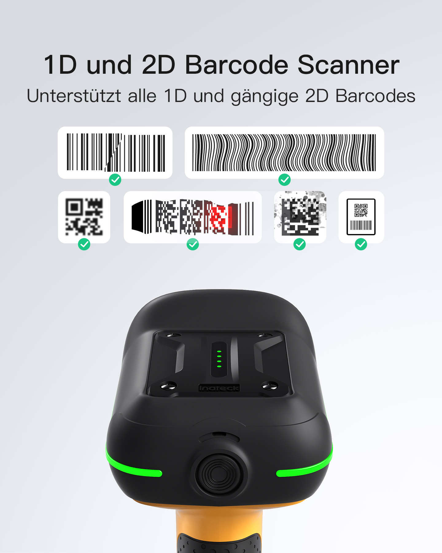 Scanner di codici a barre che mostra codici a barre 1D e 2D con segni di spunta verdi.