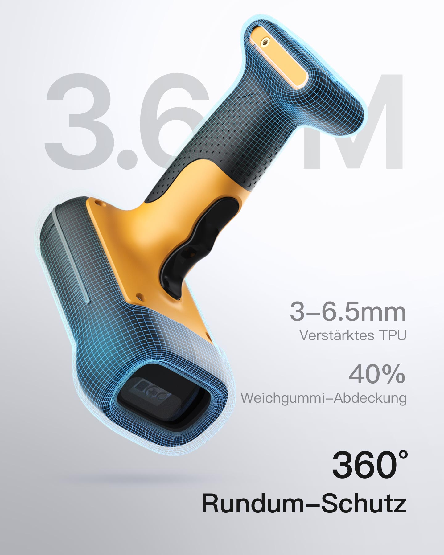 Dispositivo giallo e nero con sovrapposizione wireframe. Testo: 3-6,5 mm, 40%.