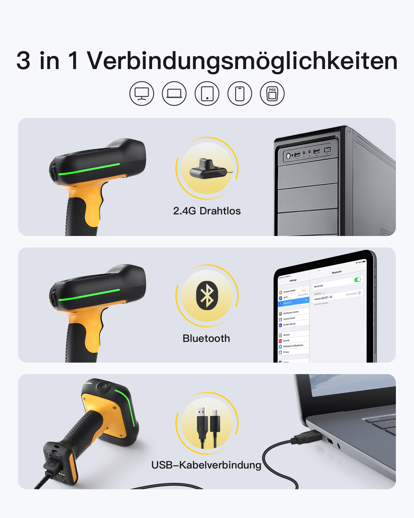Connessione 3 in 1: 2.4G wireless, Bluetooth, cavo USB.