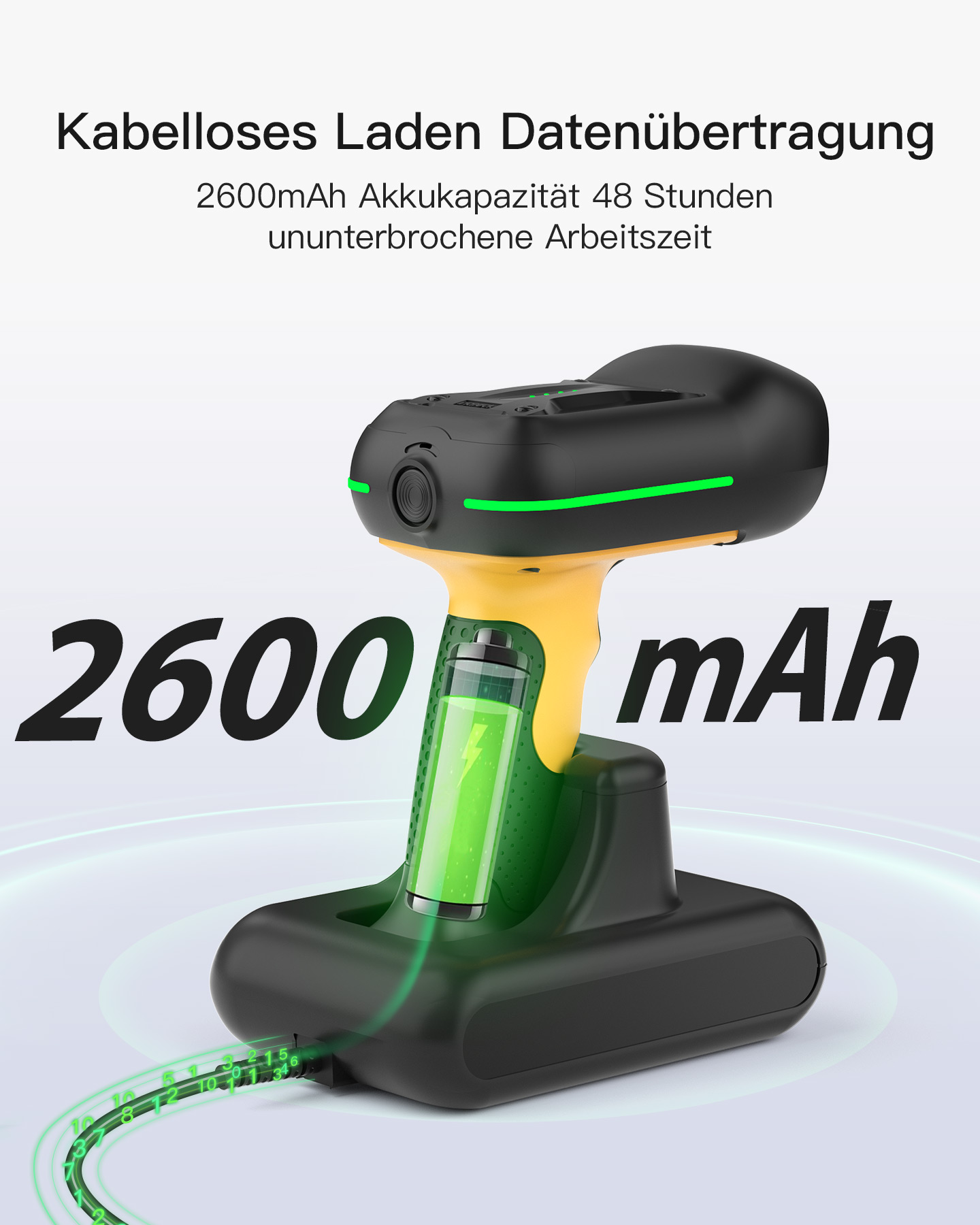 Base di ricarica nera con batteria gialla, capacità 2600 mAh.