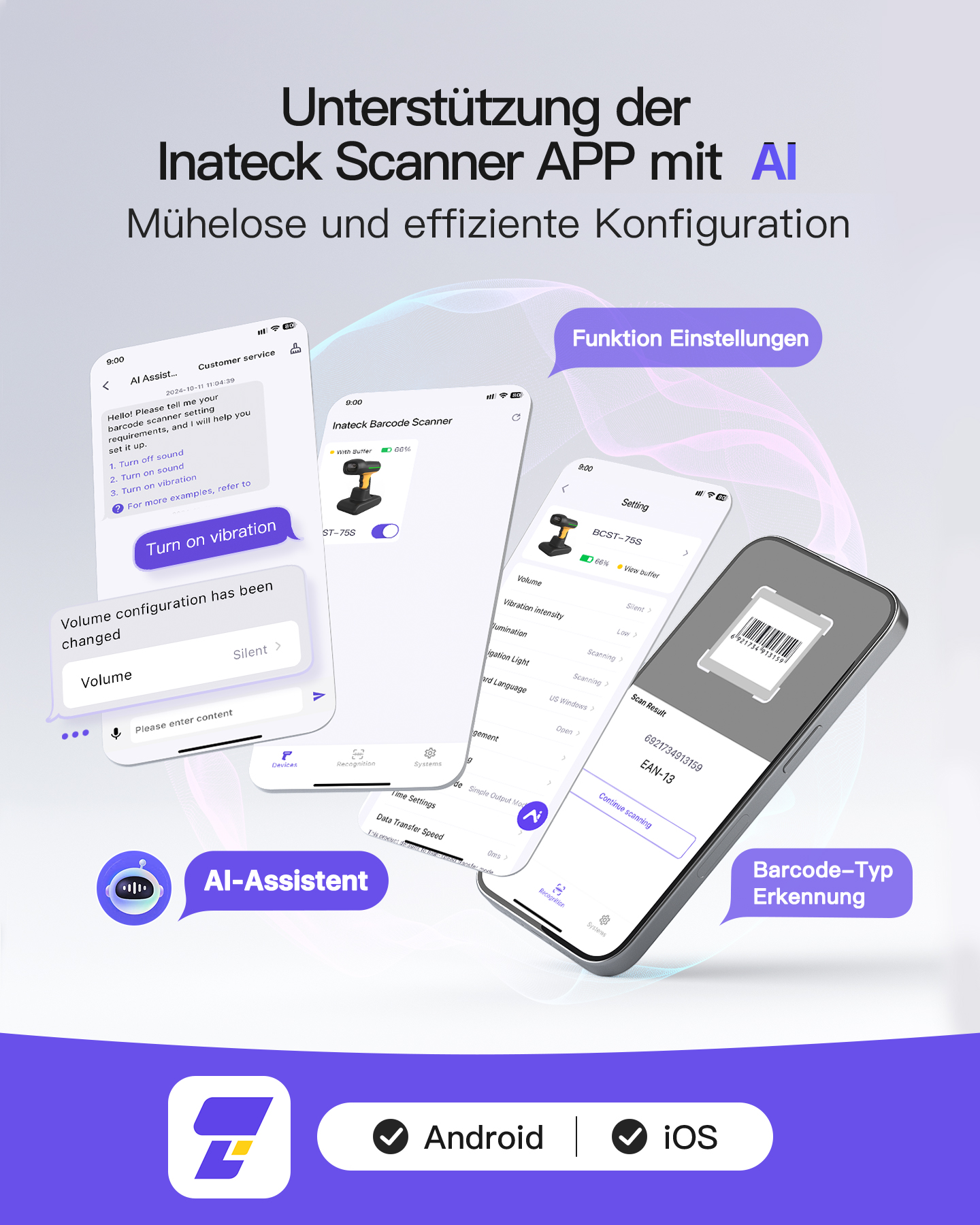 Interfaccia app con supporto AI, scanner di codici a barre e impostazioni.