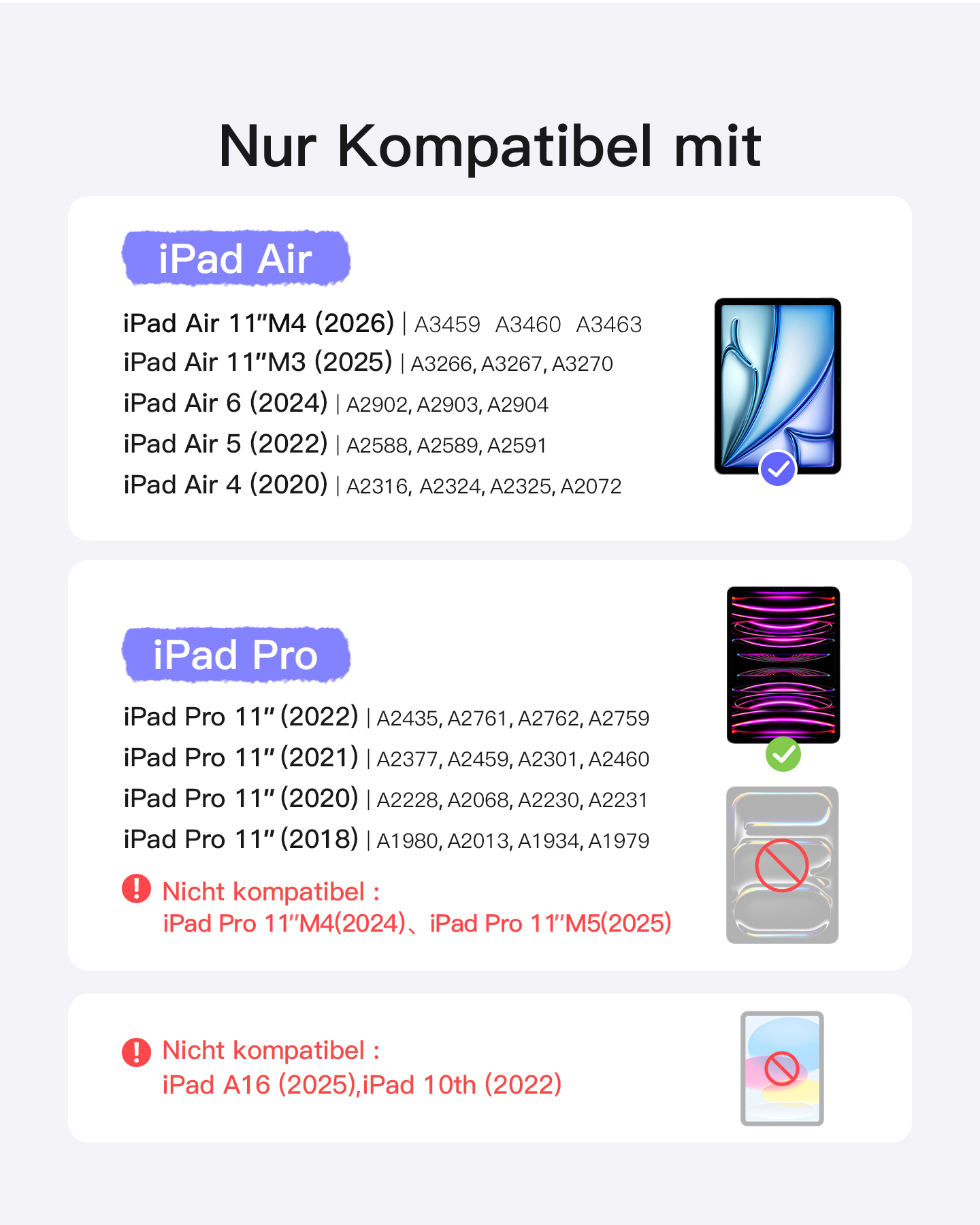 Kompatibilitätsliste für iPad Air und iPad Pro Modelle mit Bildern.