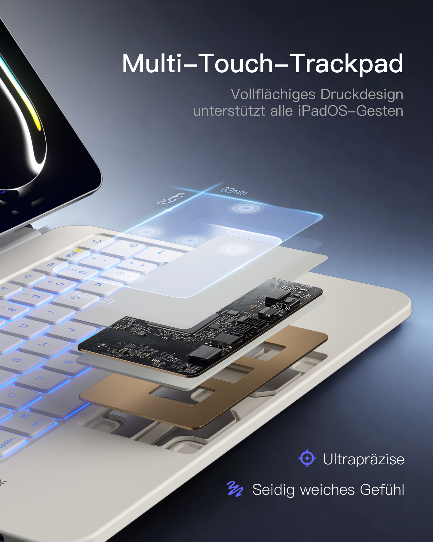 Explosionsansicht eines Laptops mit beleuchteter Tastatur und Trackpad-Komponenten.