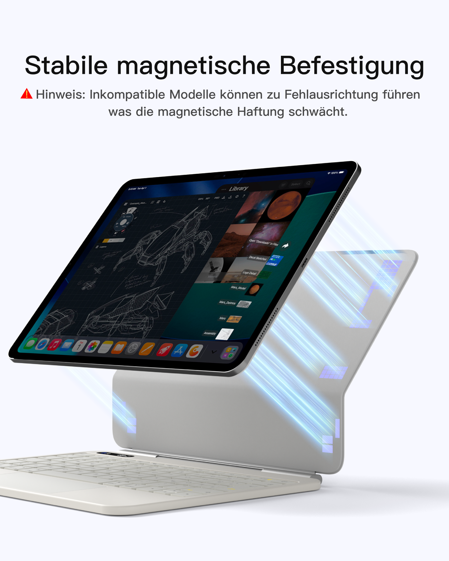 Ein Tablet mit einer Tastatur, verbunden durch magnetische Anziehung. Blaue Lichtstrahlen deuten auf die Verbindung hin.