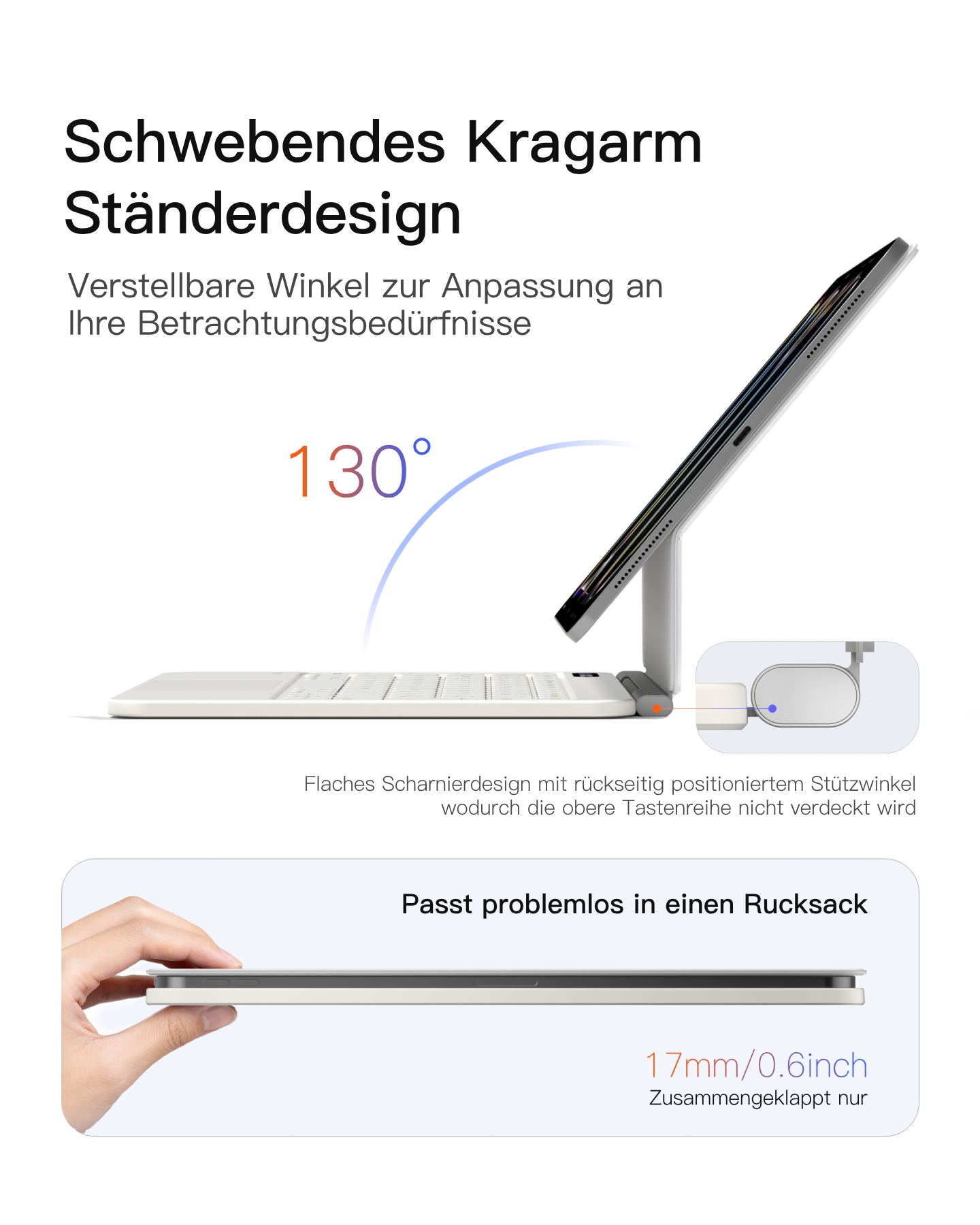 Ein Tablet mit Tastatur im Winkel von 130 Grad, flaches Scharnier.