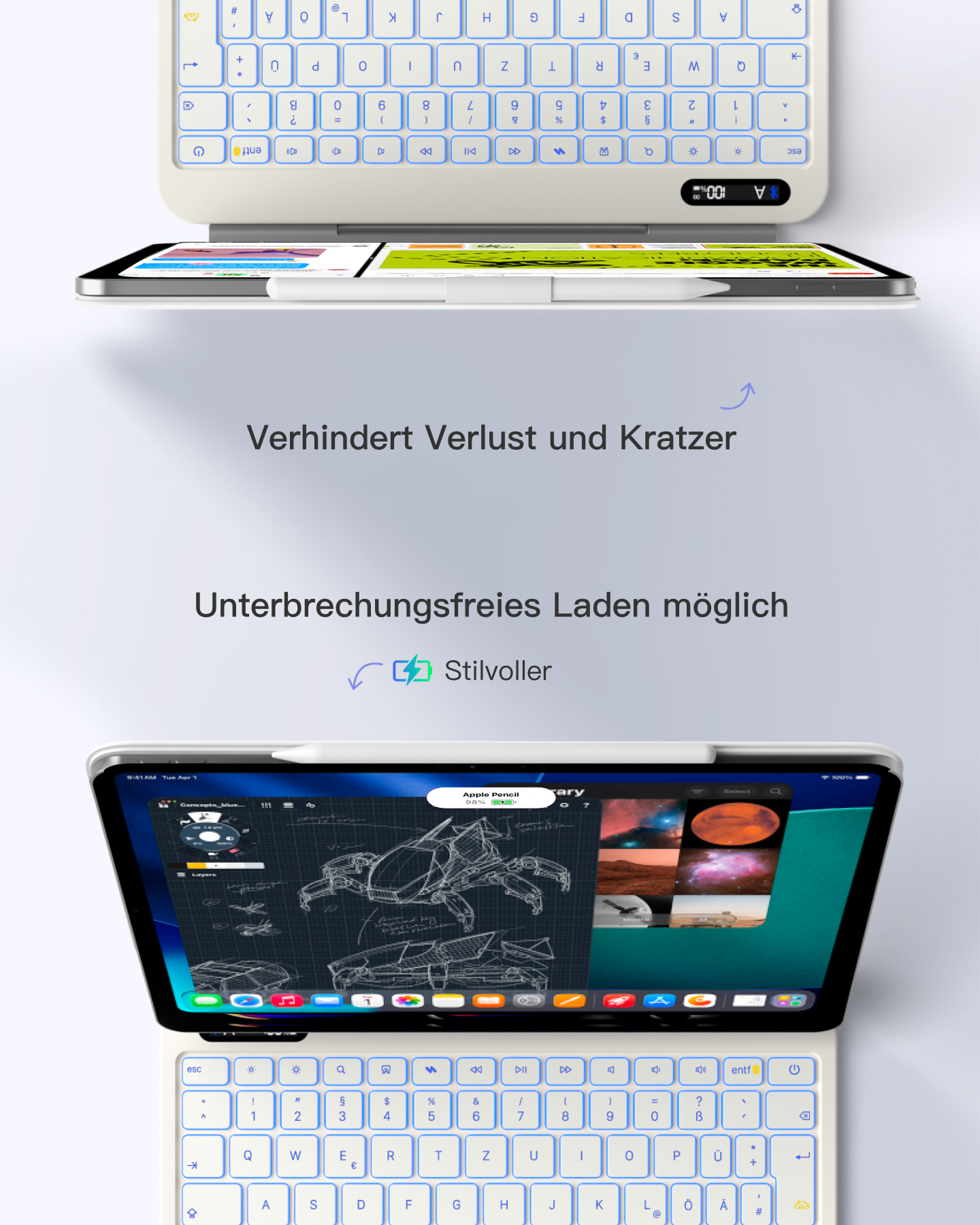 Ein iPad mit Tastatur und Stift wird gezeigt. Text auf Deutsch.
