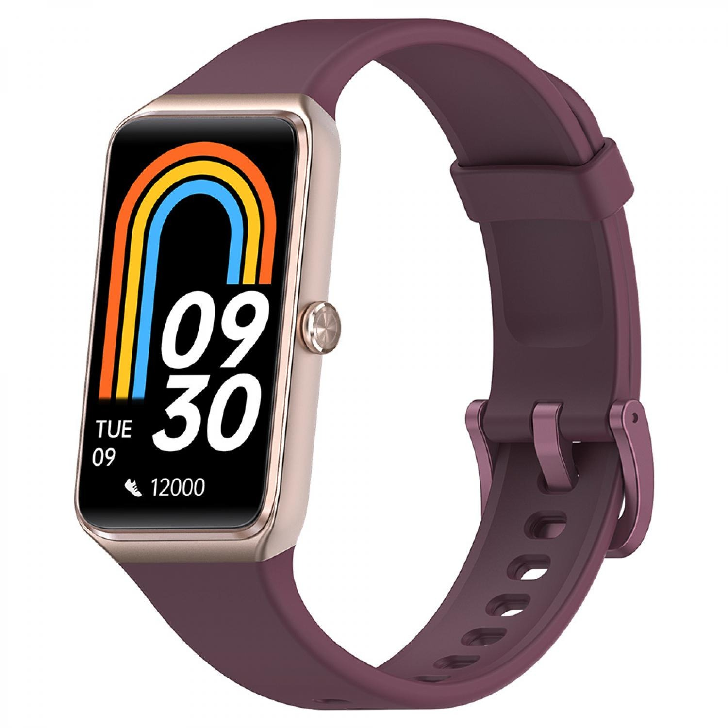 Eine digitale Uhr mit lila Armband und bunter Anzeige. 09:30, Dienstag 09.