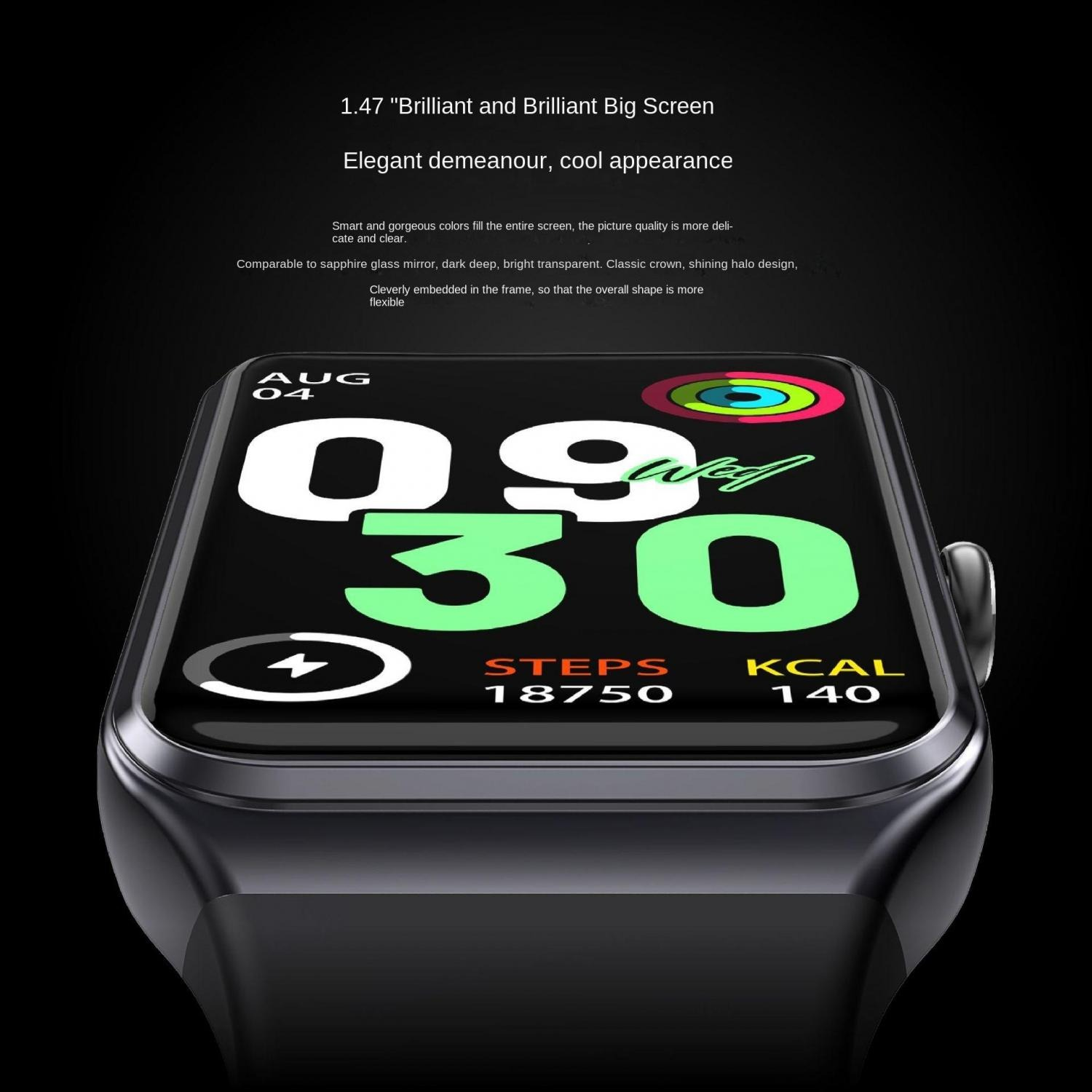Eine dunkle Smartwatch mit großem Bildschirm zeigt Uhrzeit, Datum, Schritte und Kalorien an.