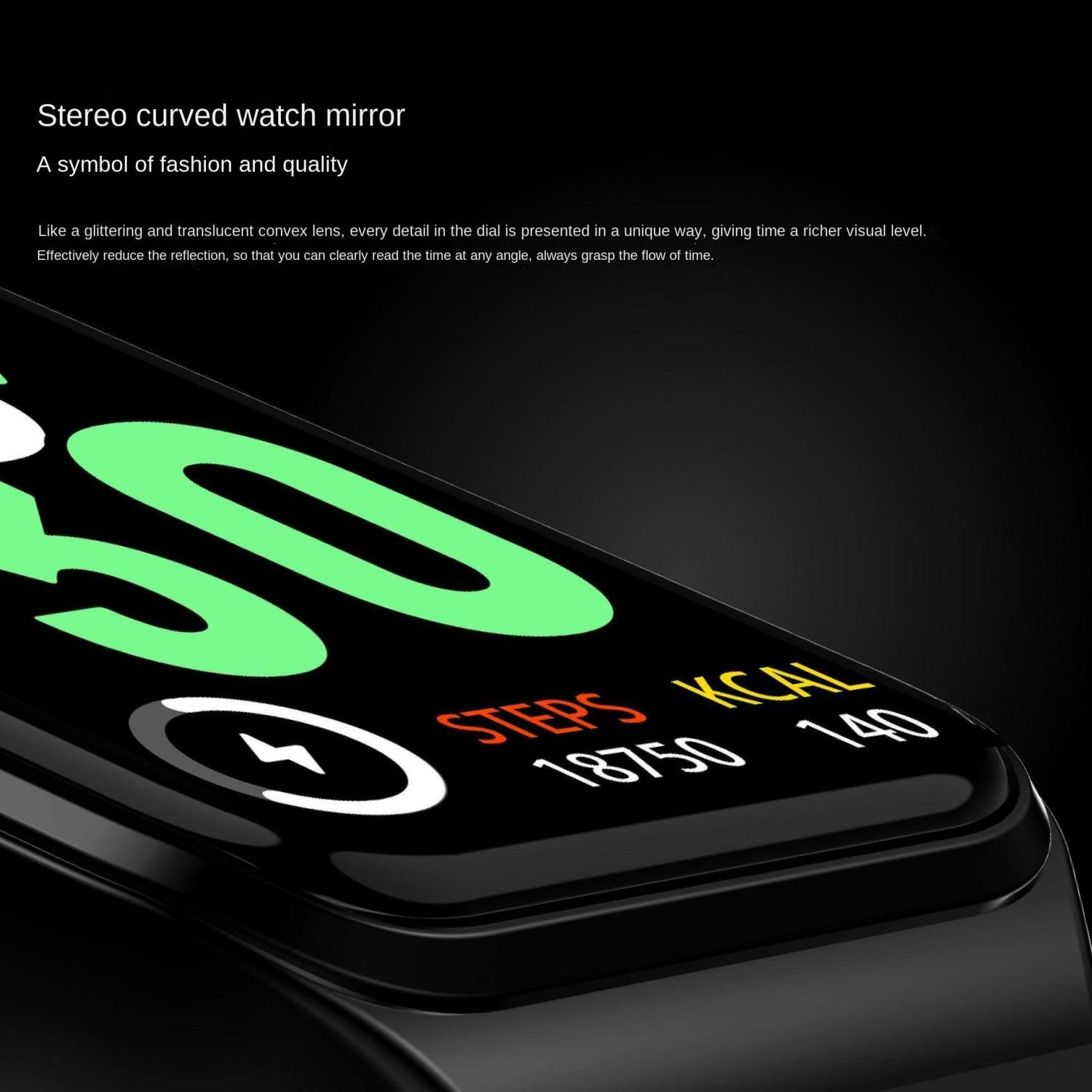 Eine gebogene Smartwatch zeigt 50, Schritte und Kalorien an.