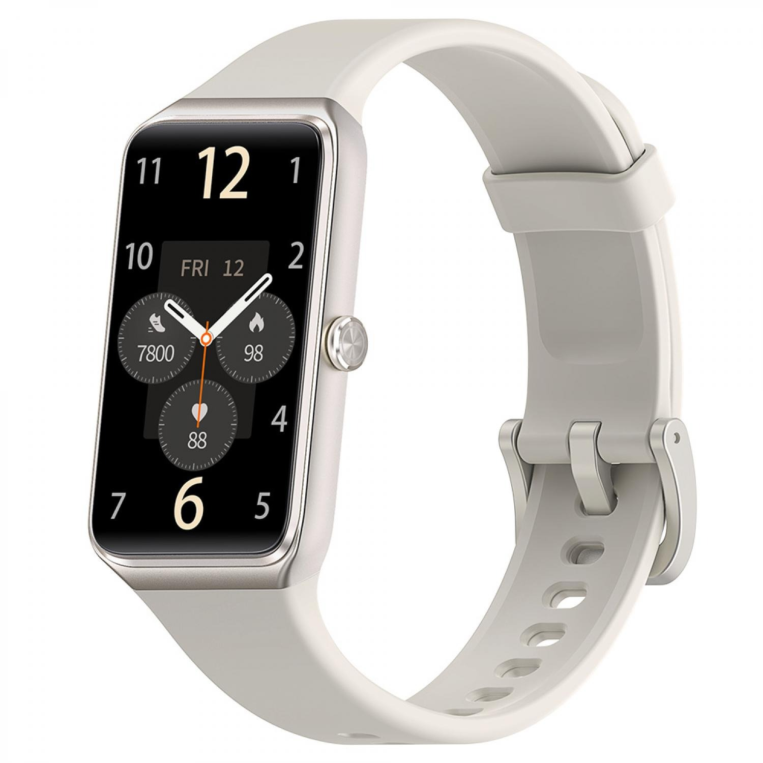 Eine weiße Smartwatch mit silbernem Rand und digitaler Anzeige von Uhrzeit und Gesundheitsdaten.