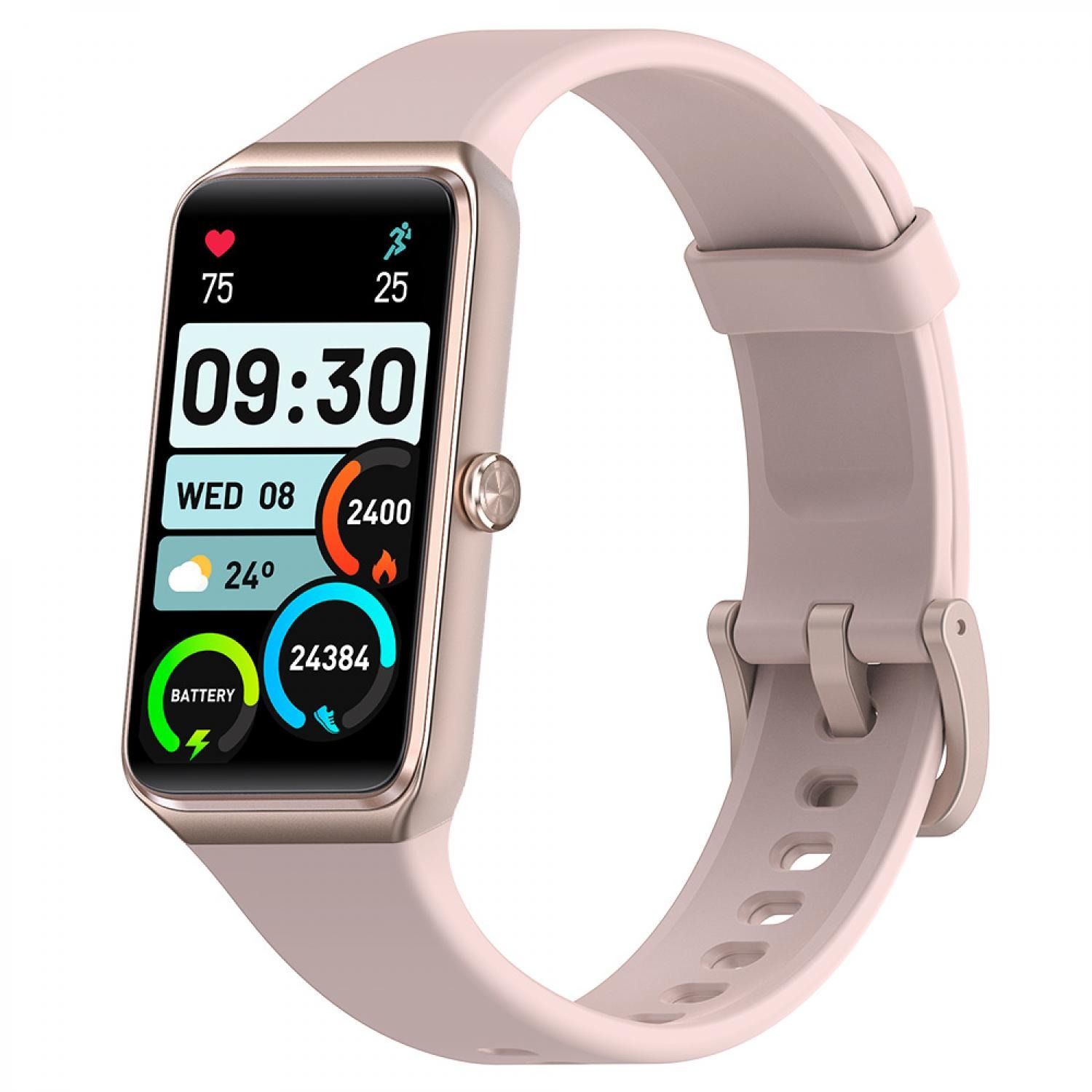 Eine pinke Smartwatch zeigt 09:30 Uhr, 75 Puls, 25 Schritte, 24°C, Akku.