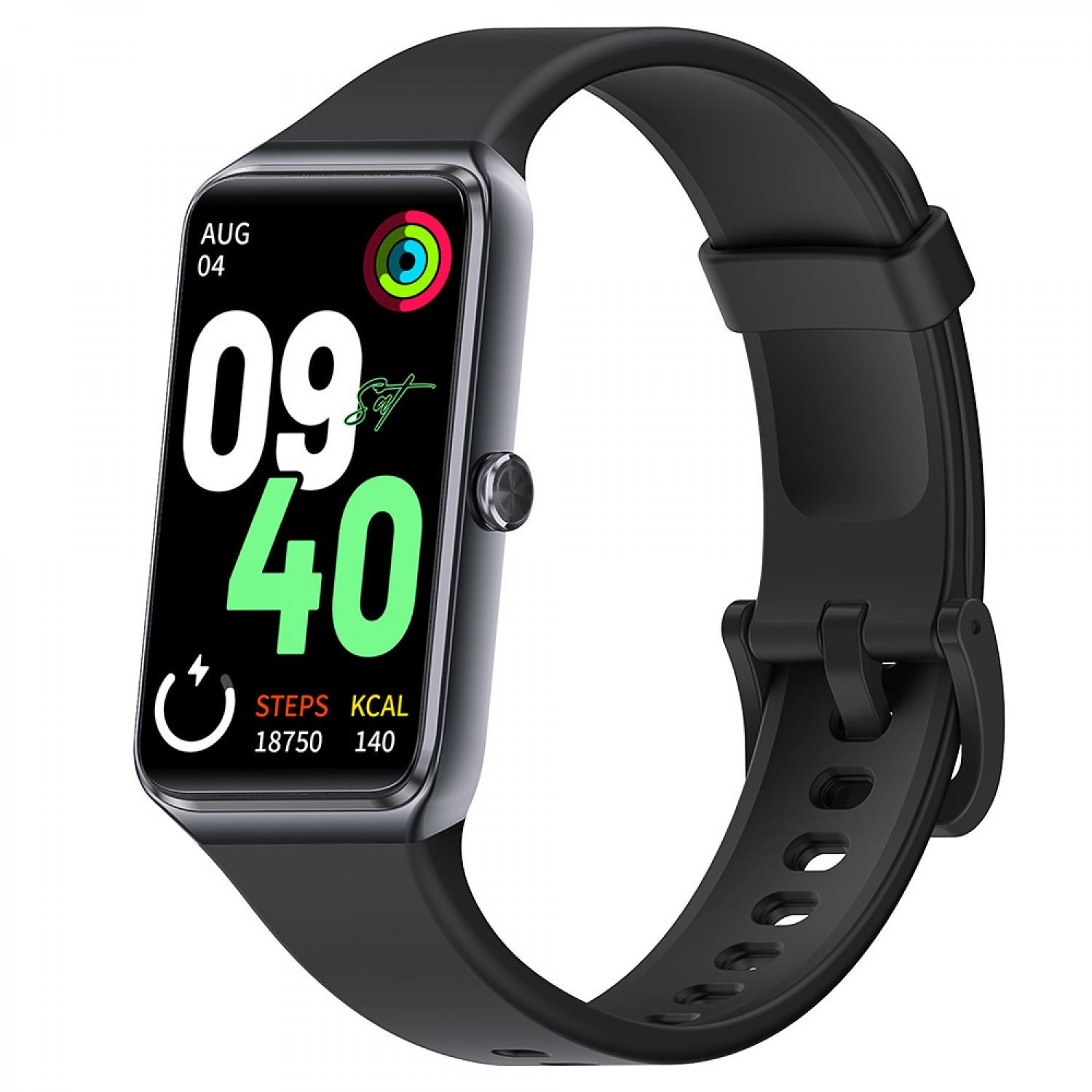 Eine schwarze Smartwatch mit rechteckigem Display, das 09:40 Uhr anzeigt.