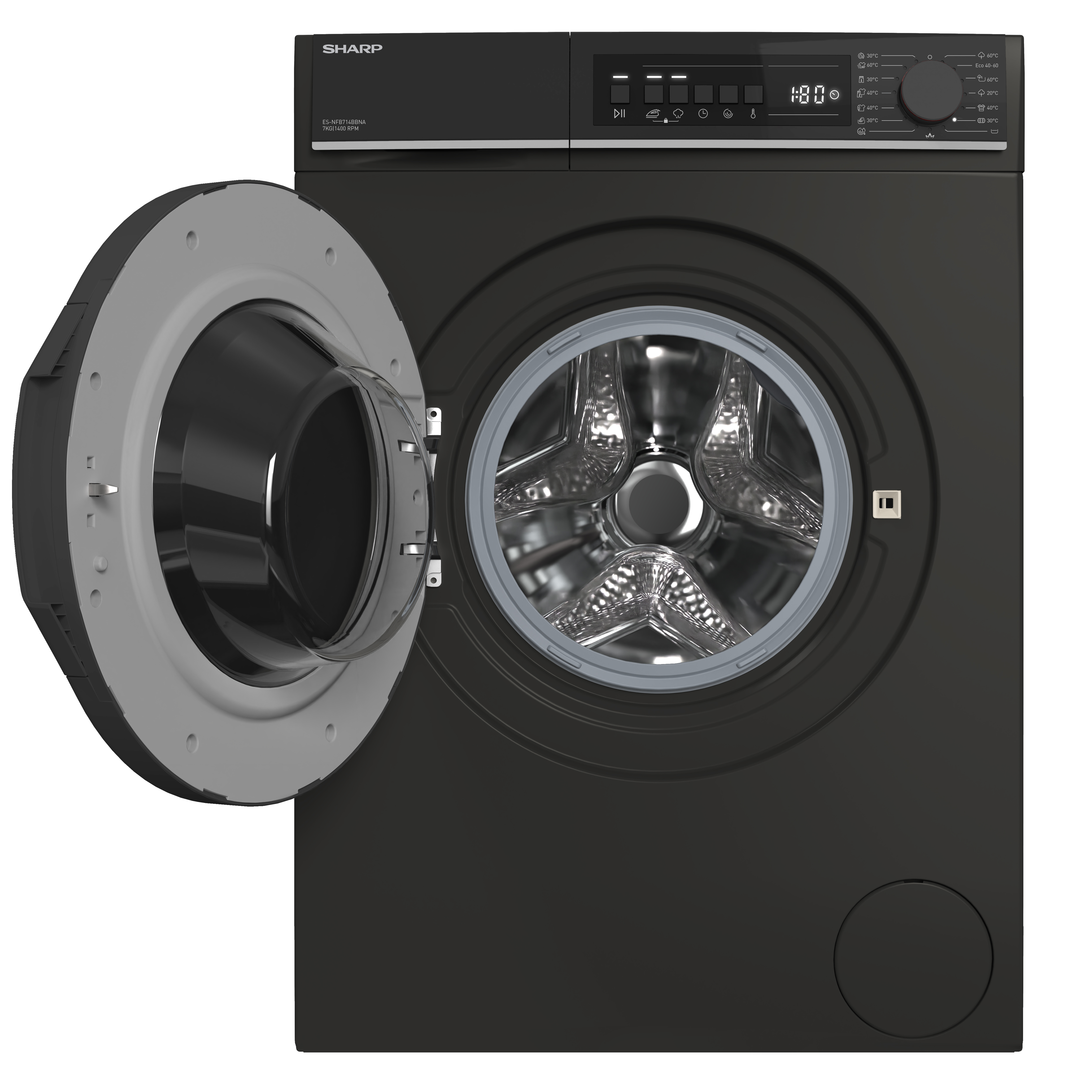 Black washing machine with open door and silver rim. Control panel at the top.