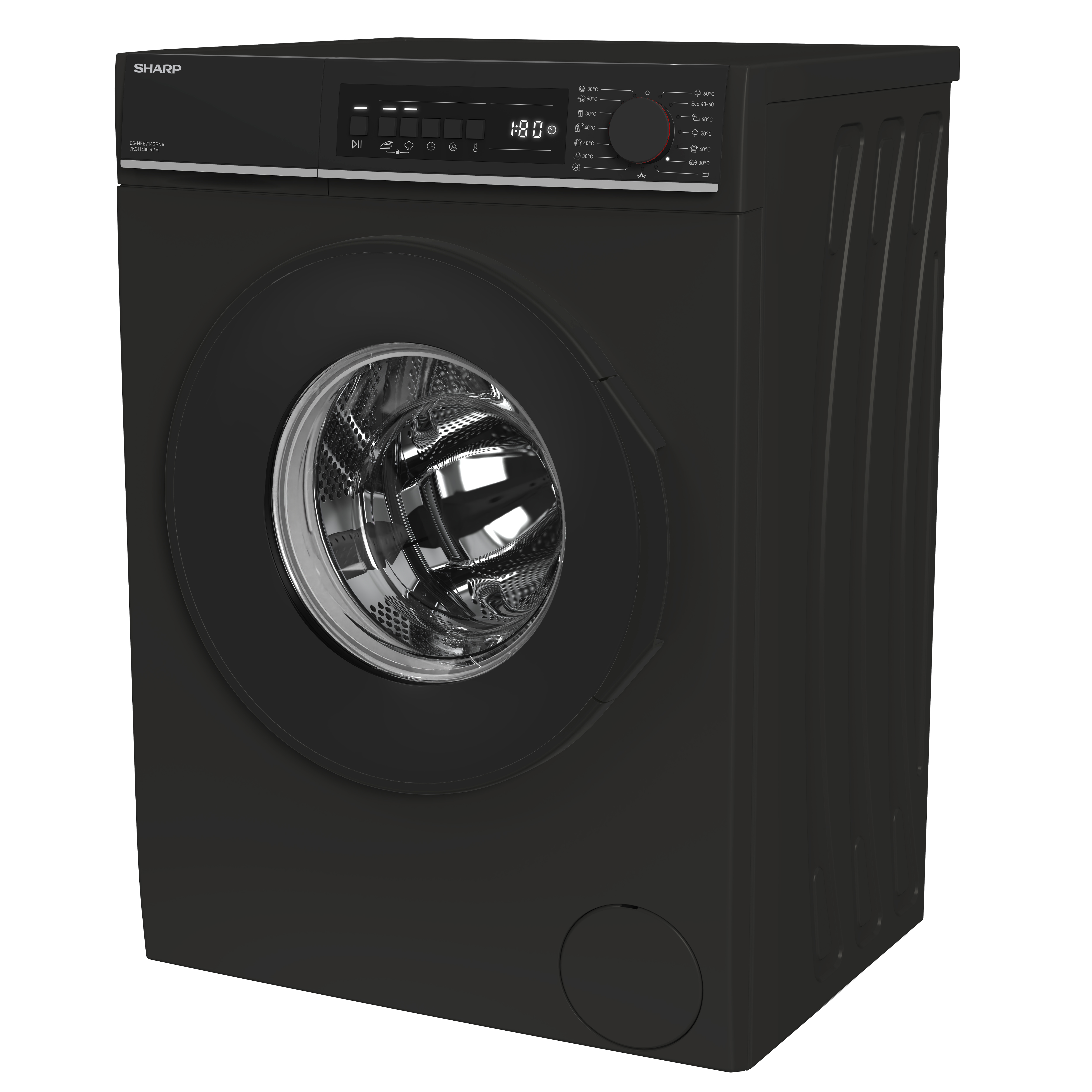 Black Sharp washing machine with digital display and round door.