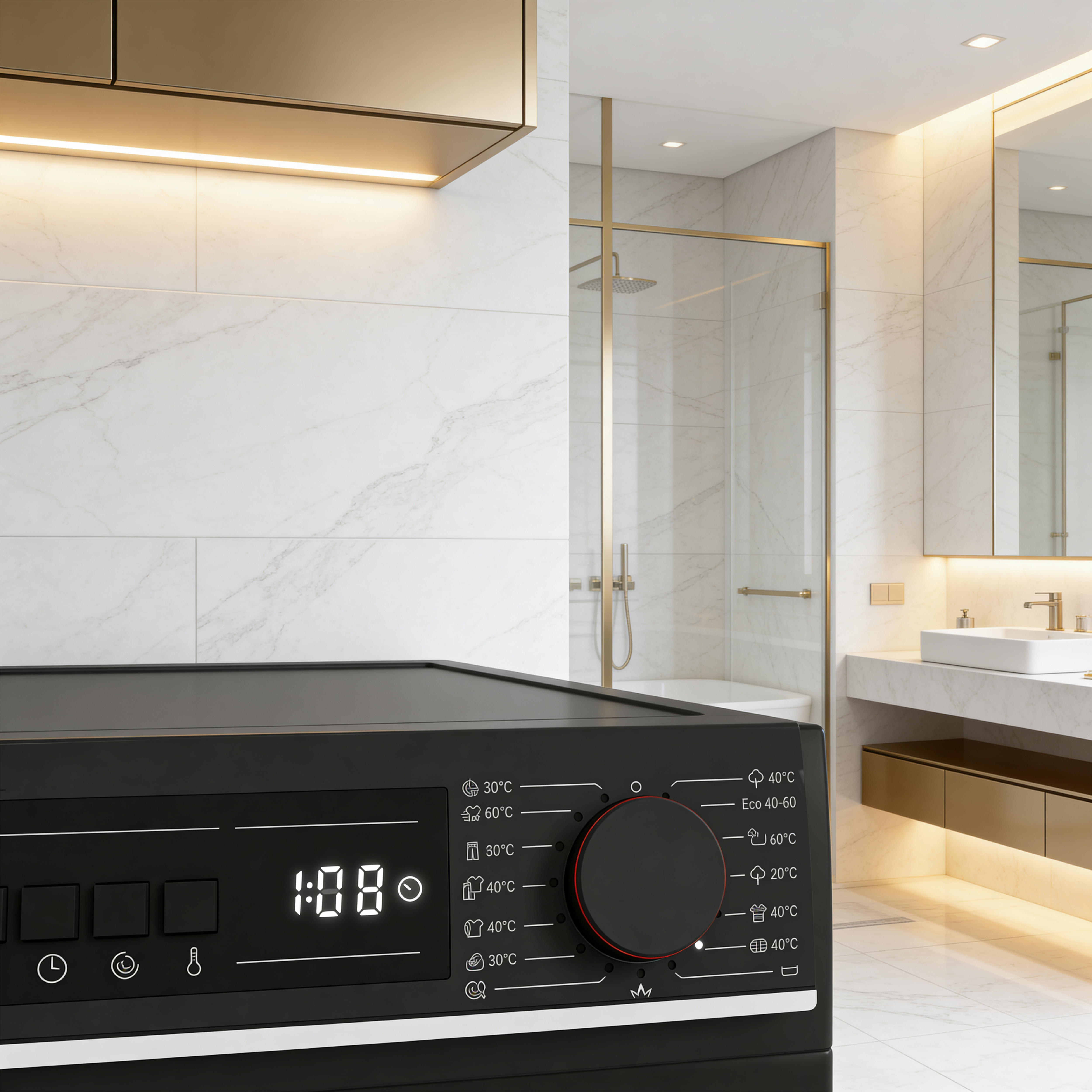 A black washing machine with a display and controls is in front of a luxury bathroom.