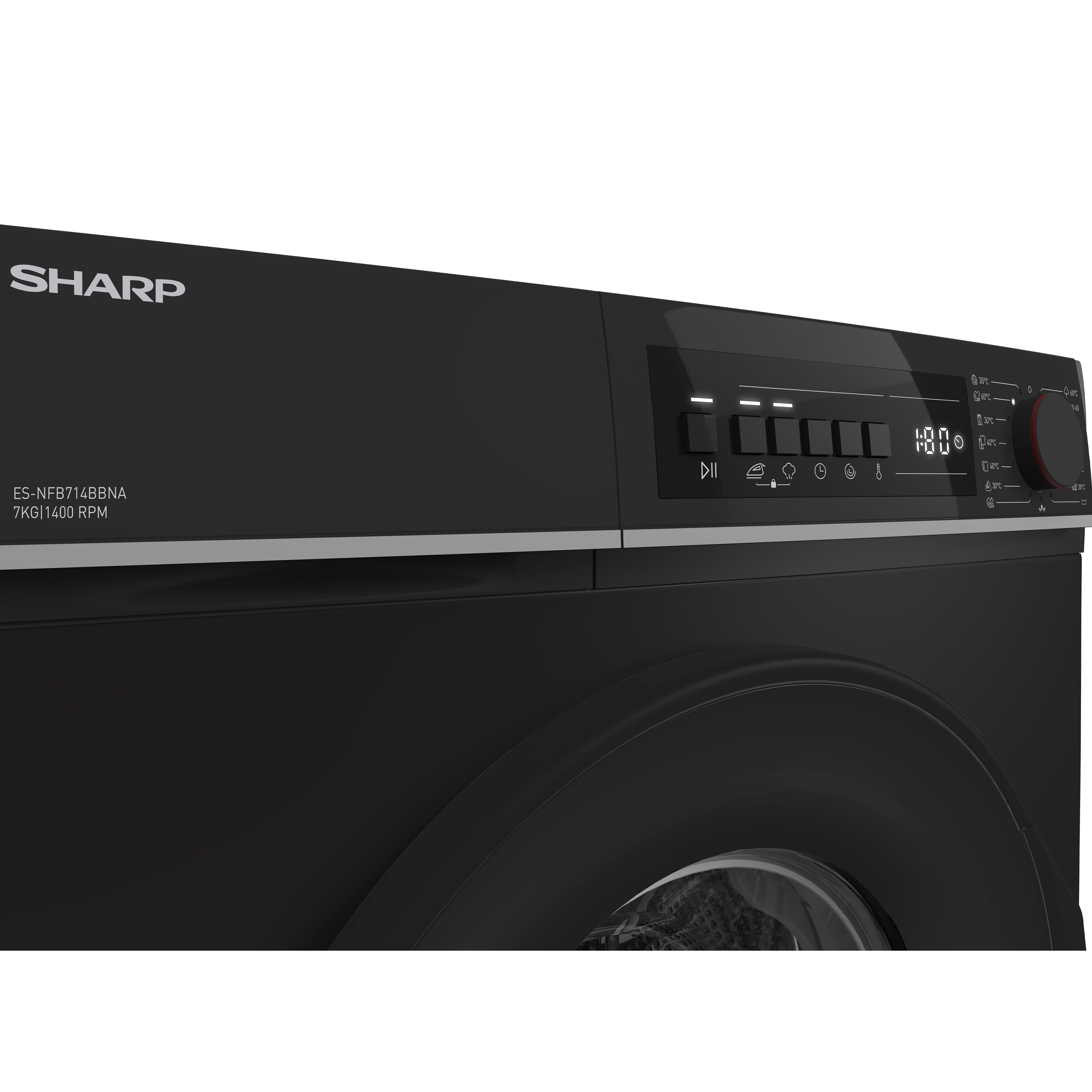 A black Sharp washing machine with a digital display and control knob.