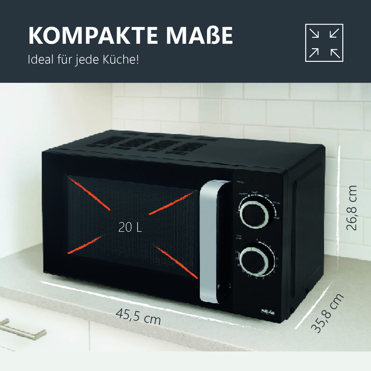 Schwarze Mikrowelle mit 20 L, 45,5x35,8x26,8 cm, auf Küchentheke.